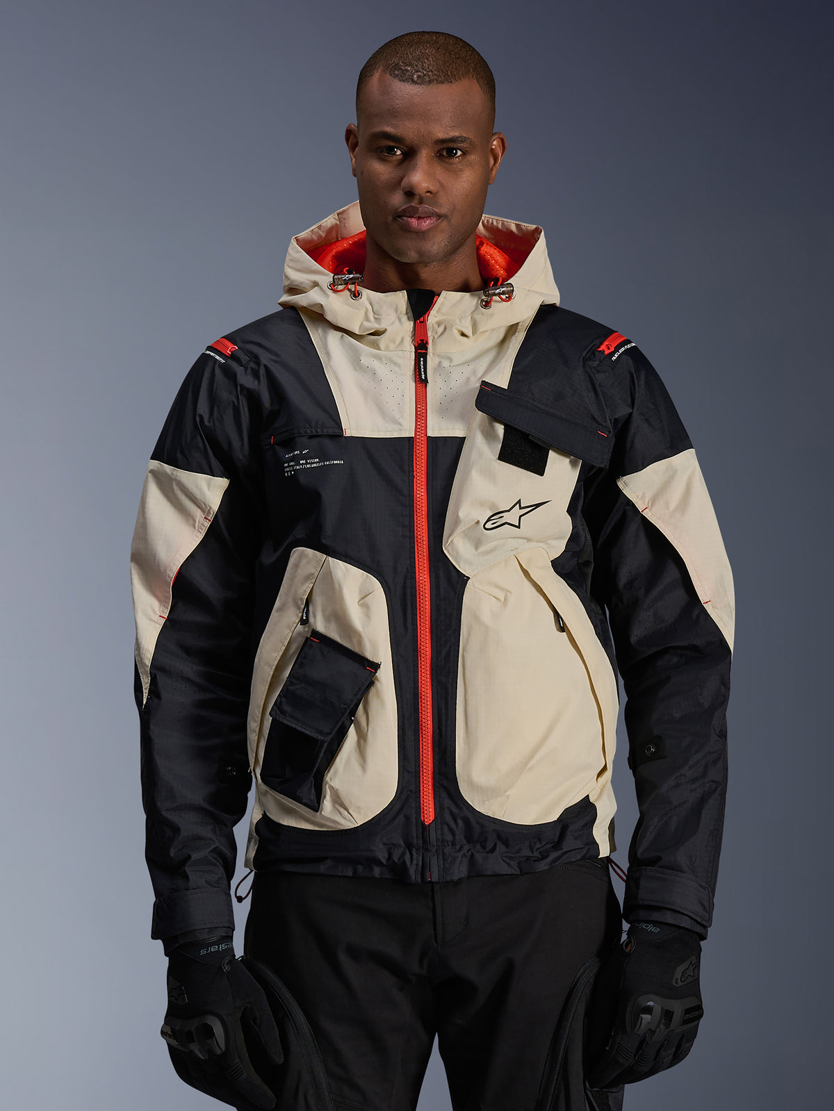 Alpinestars Mogress Air Jacket, urban textile motorcycle jacket for men, Black and Almond with Hot Orange.