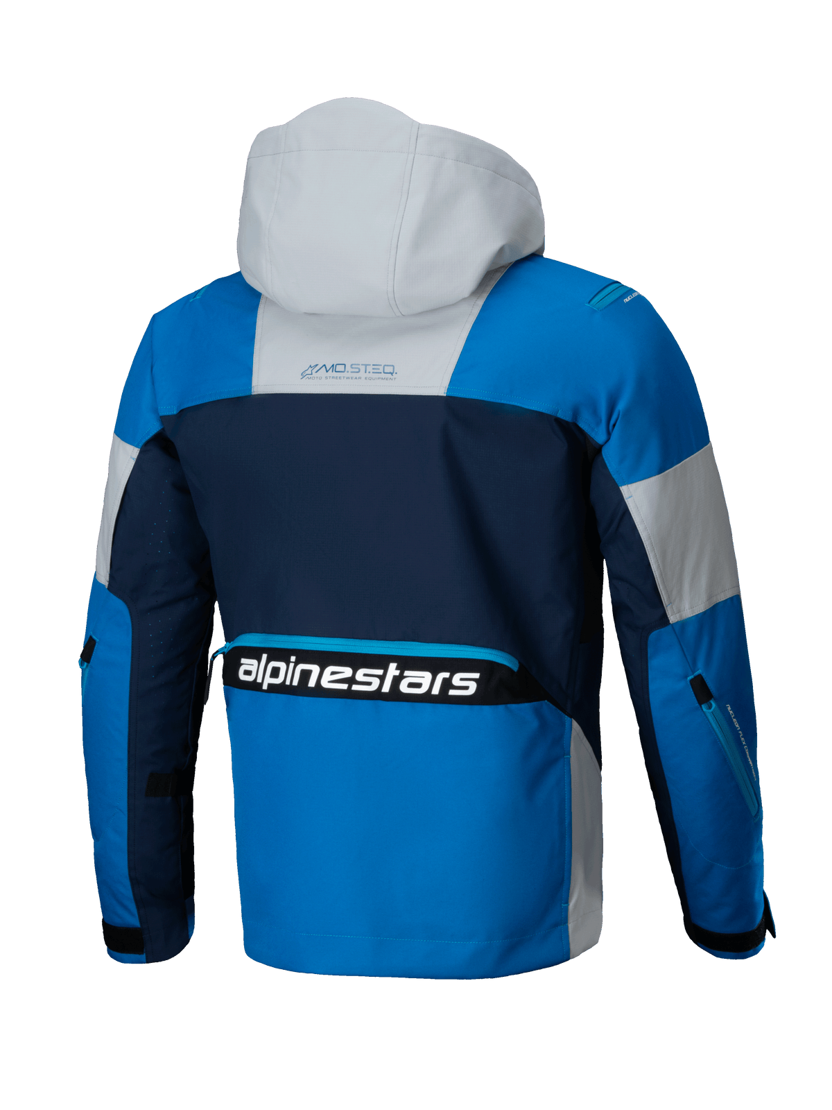 Alpinestars Mogress Air Jacke, Urban Motorradjacke für Herren, Rückansicht in Blau, Navy und Almond, belüftetes Textil mit Kapuze, Alpinestars-Branding auf dem unteren Rücken, CE-zertifiziert