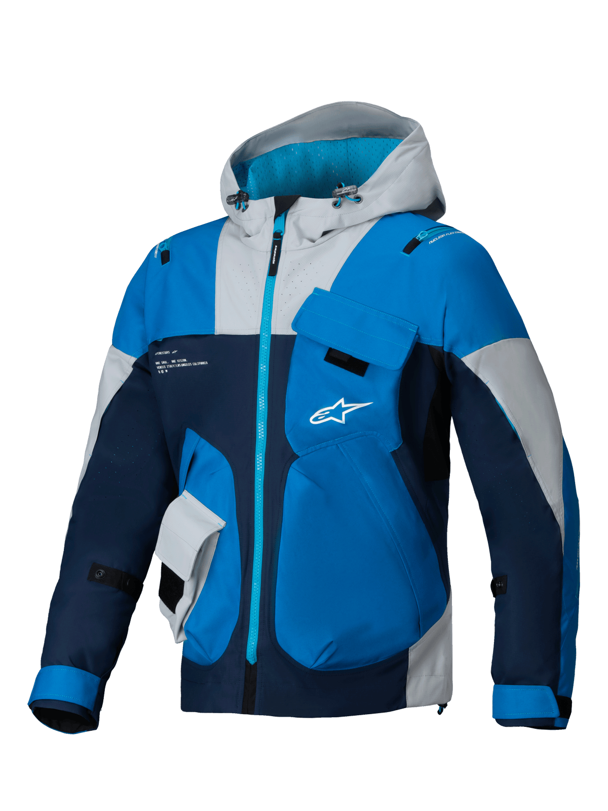 Alpinestars Mogress Air Jacke, Urban-Motorradjacke für Herren, Blau und Dunkelblau, belüftetes Ripstop-Gewebe mit Kapuze und Nucleon Flex Plus Protektoren.