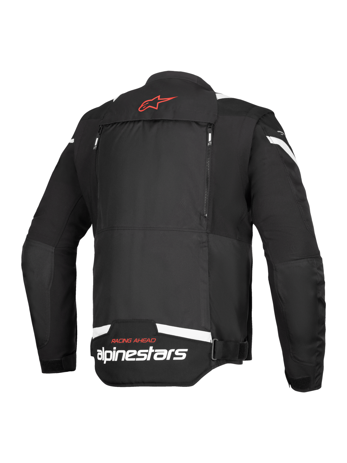 Alpinestars T-Stunt Air Jacke, Rückansicht, Schwarz und Weiß, mit einem roten Stern-Logo am Nacken, weißem Branding am unteren Rücken und vertikalen Reißverschlüssen für das modulare Airflow-System.