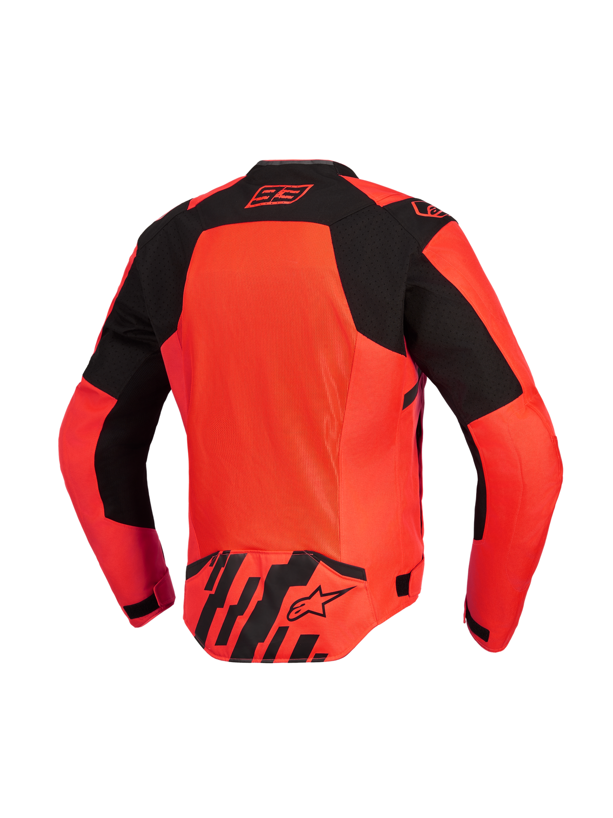 Alpinestars MM93 T-SPS Air V2 Jacke, Rückansicht, Fluoreszierendes Rot und Schwarz, Motorradjacke mit großem Mesh-Belüftungspanel, charakteristisches Marc Marquez 93-Logo am Kragen und Alpinestars-Logo am unteren Rücken