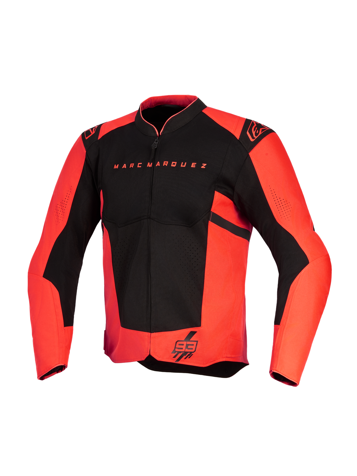 Alpinestars MM93 T-SPS Air V2 Jacke, Motorradjacke, Leuchtrot und Schwarz, mit Marc Marquez-Schriftzug auf der Brust und 93-Logo am Saum, Alpinestars-Schulterlogos, Mesh-Einsätze für optimale Belüftung, sportliches Textildesign