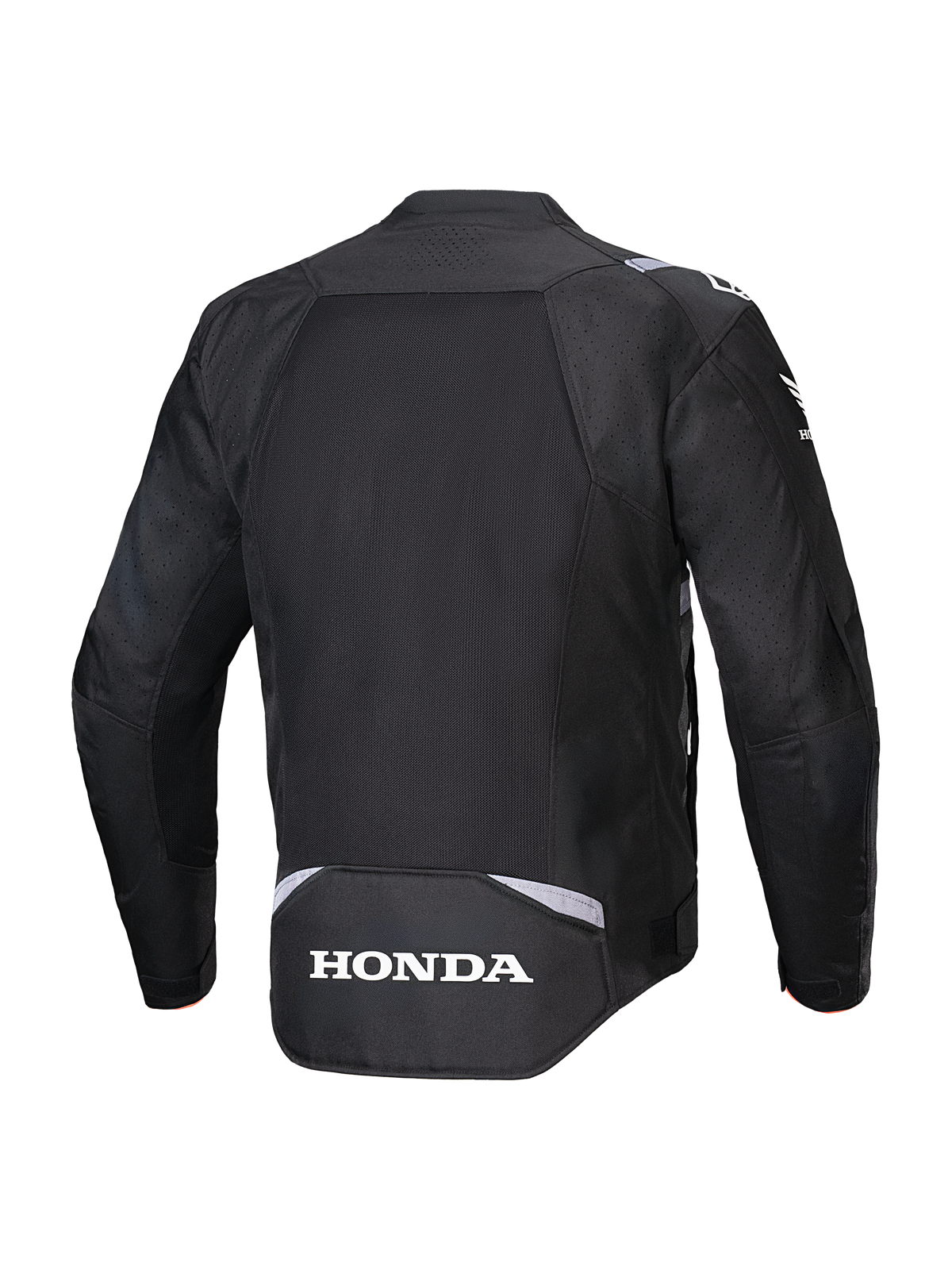 Alpinestars Honda T-SPS Air V2 Jacke, Schwarz, Rückansicht mit großem Mesh-Rückeneinsatz für Luftzirkulation, weißem Honda-Logo am unteren Rücken und Alpinestars-Branding an den Schultern, Textil-Motorradjacke für Fahrten im Sommer