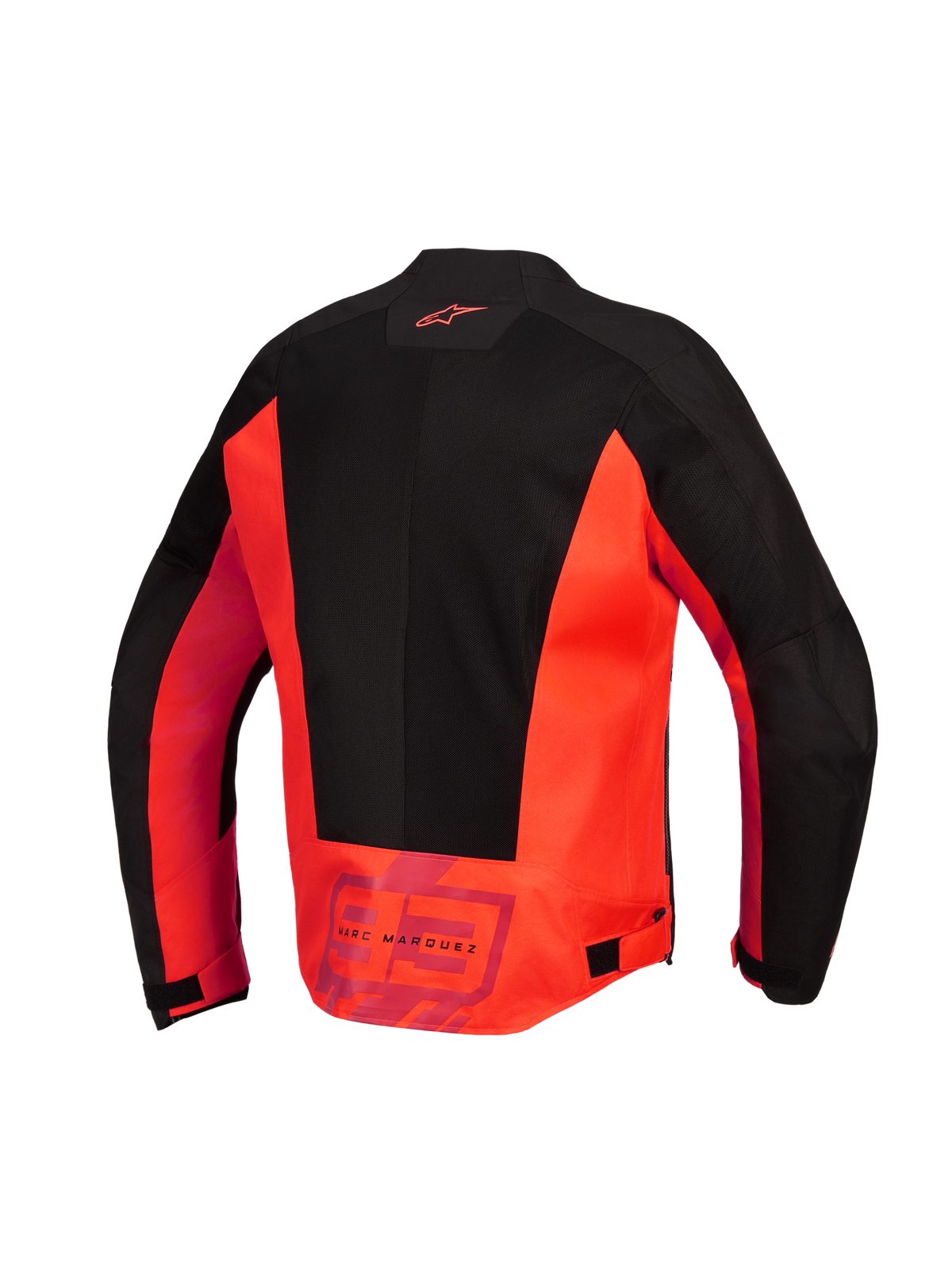 Alpinestars MM93 C-1 Air Jacke, Rückansicht, Rot Fluo und Schwarz, Textil-Motorradjacke mit großen Tech-Mesh-Einsätzen, Alpinestars-Logo auf dem oberen Rücken und „MM93 Marc Marquez“-Branding auf dem unteren Rücken, verstellbare Taillenriegel