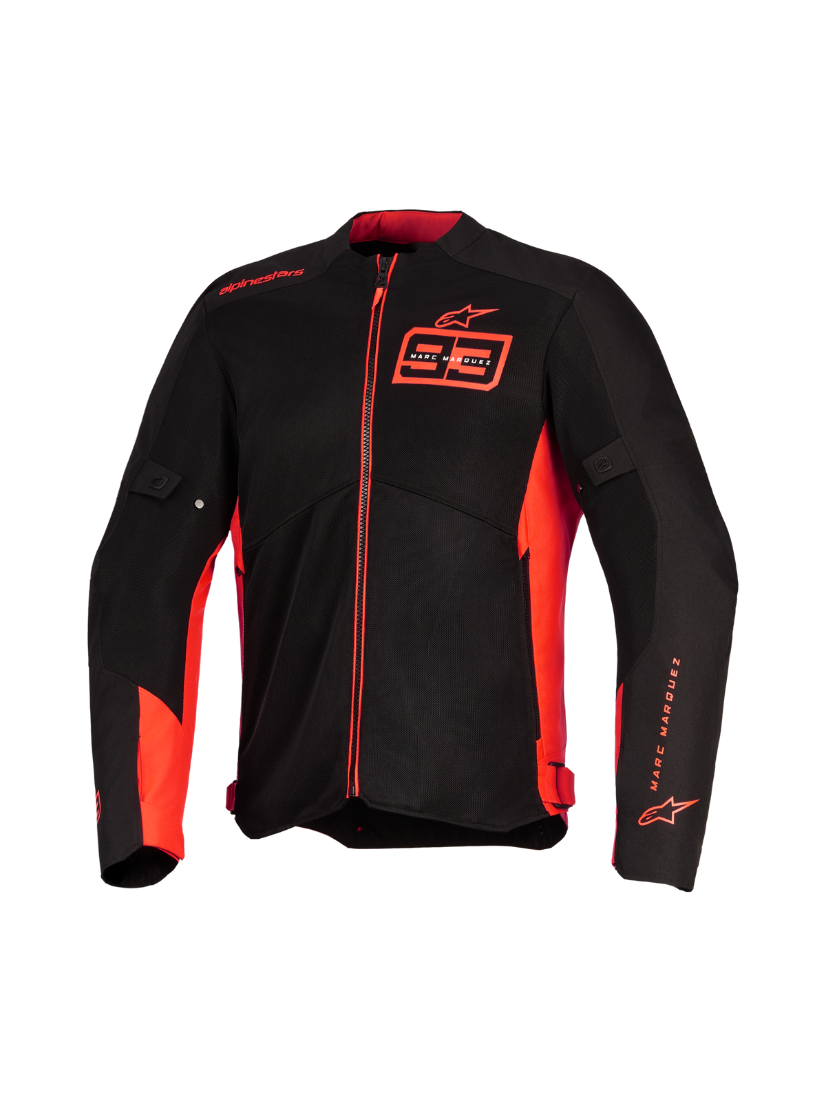 Alpinestars MM93 C-1 Air Jacke, Motorradjacke, Red Fluo Bright Red und Schwarz, mit Marc Marquez 93 Branding auf der Brust und am Ärmel, technische Mesh-Einsätze für Luftzirkulation, schlankes urbanes Design