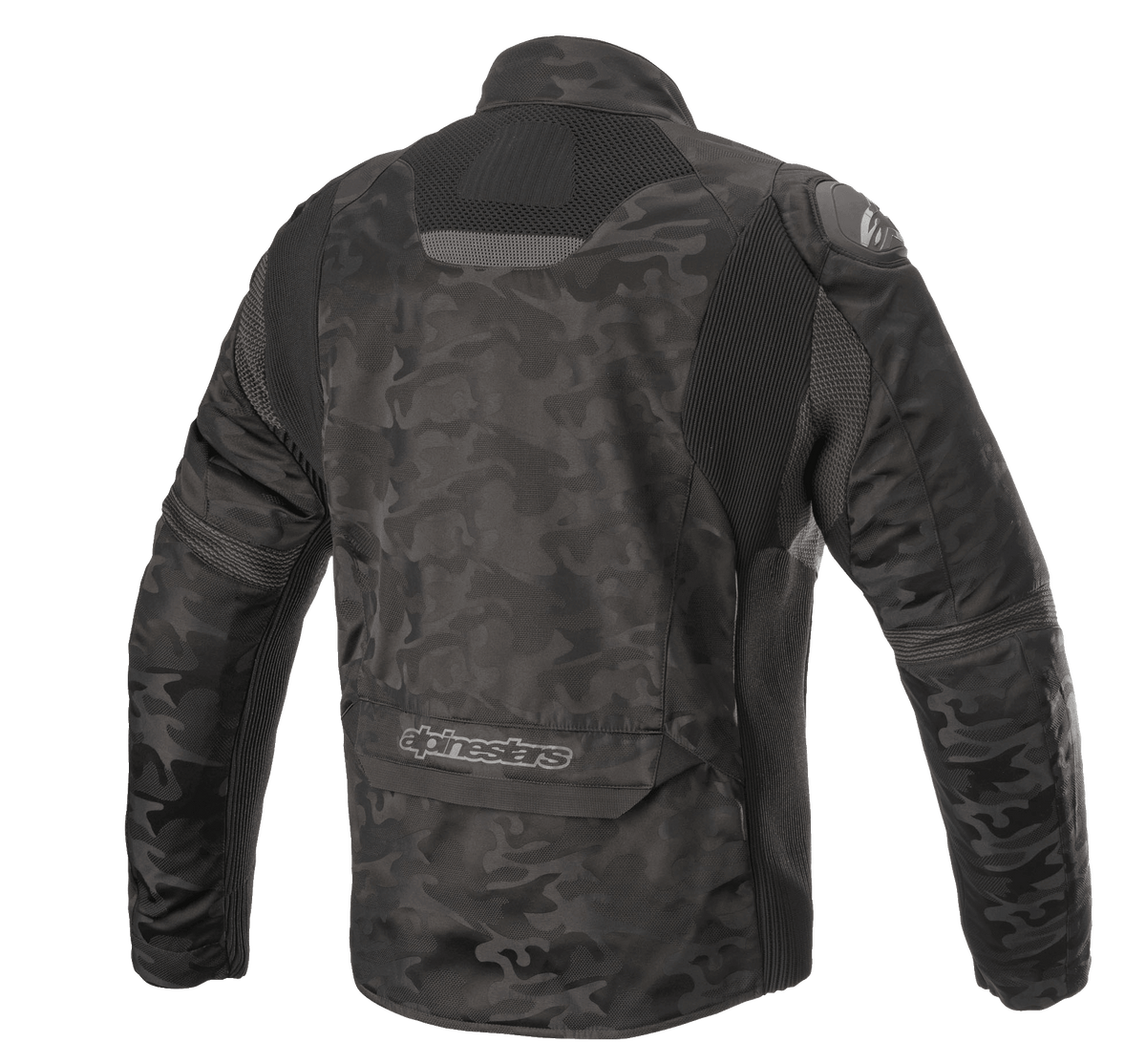 Alpinestars T SP-5 Rideknit® Textiljacke, Motorradjacke, Black Camo, Rückansicht mit gestrickten Stretch-Einsätzen, Camouflage-Muster auf abriebfestem Textil, Alpinestars-Logo auf dem unteren Rücken.
