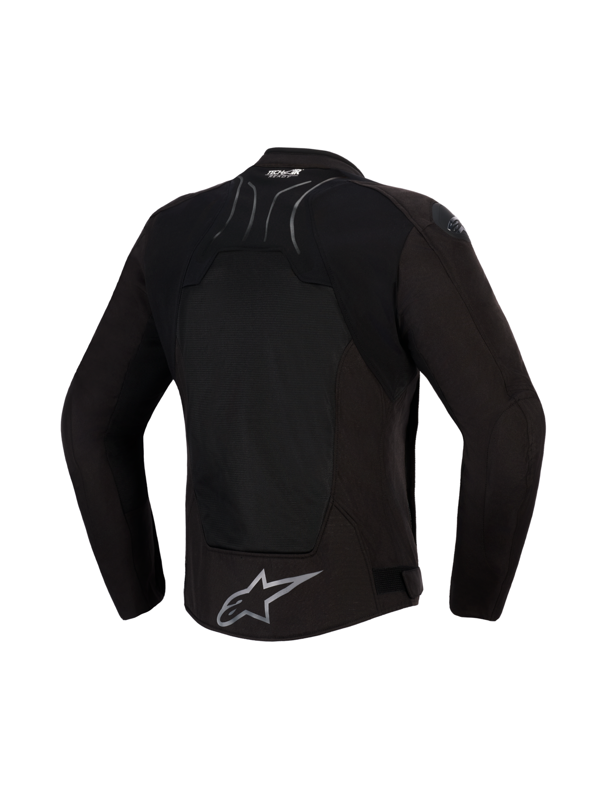 Alpinestars SMX Air Jacke, Black Anthracite, Rückansicht, mit großem Tech-Mesh-Rückenteil zur Belüftung, Tech-Air® Ready Branding am oberen Rücken und silbernem Alpinestars Stern-Logo am unteren Saum, entwickelt für sportliches Fahren bei warmem Wetter.