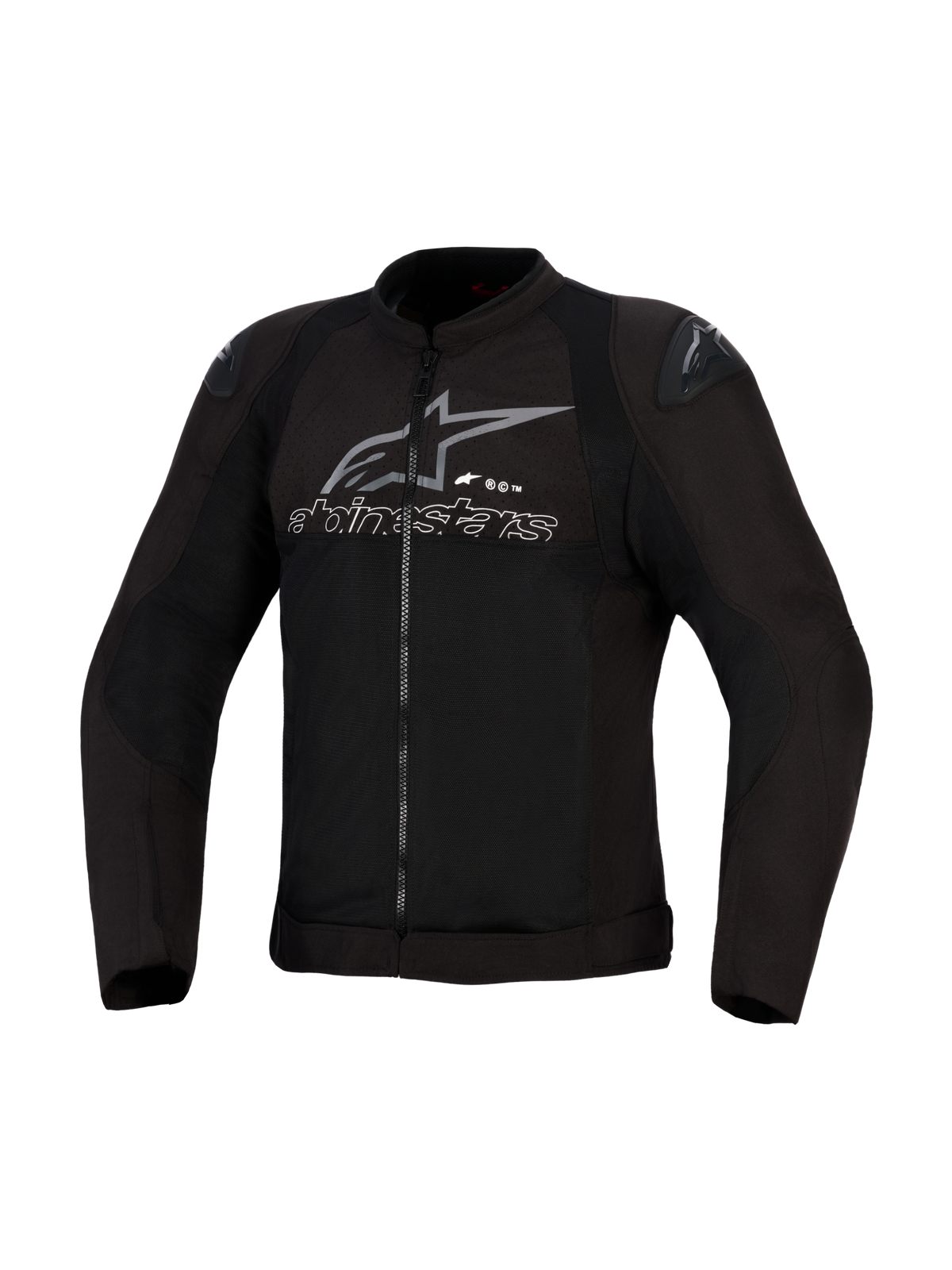 Alpinestars SMX Air Jacke, Schwarz und Anthrazit, belüftete Textil-Motorradjacke, High-Flow-Mesh-Einsätze, DFS Lite Schulter-Slider, graues Alpinestars-Logo und Text auf der Brust
