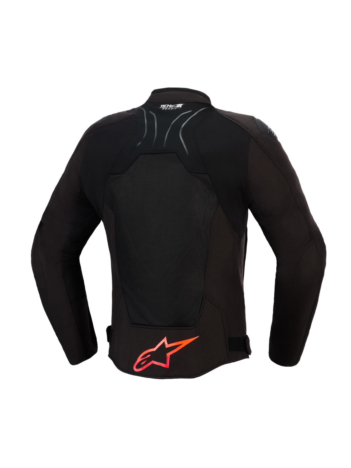 Alpinestars SMX Air Jacke, Motorradjacke, Schwarz mit leuchtend roten Details, Rückansicht mit Tech-Mesh-Einsätzen für Luftzirkulation, großes rotes Alpinestars-Logo am unteren Rücken, Tech-Air Ready-Logo am Kragen, sportliches Design für High-Performance-Fahrten