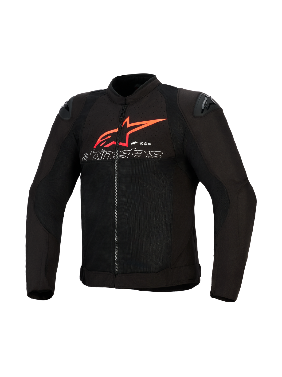 Alpinestars SMX Air Jacke, Motorradjacke, Schwarz mit leuchtend roten und weißen Akzenten, großes rotes Alpinestars Stern-Logo und weiß umrandeter Schriftzug auf der Brust, Mesh-Einsätze mit schwarzen Schulter-Slidern, Performance-Sportbekleidung