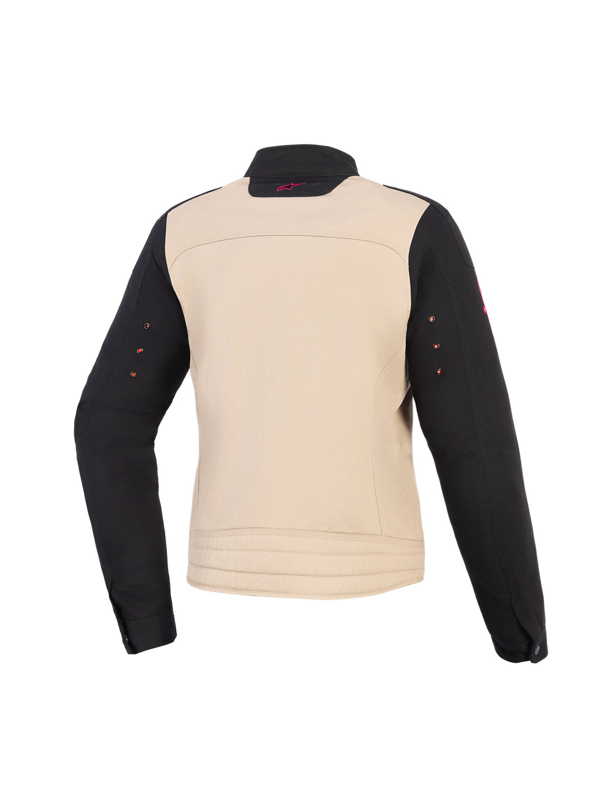 Alpinestars Woman Stella Grace Jacke, Motorradjacke für Damen, Aluminum Black, Rückansicht, Textilkonstruktion mit beigefarbenem Torso, schwarzen Ärmeln und einem kleinen rosa Logo am Kragen.