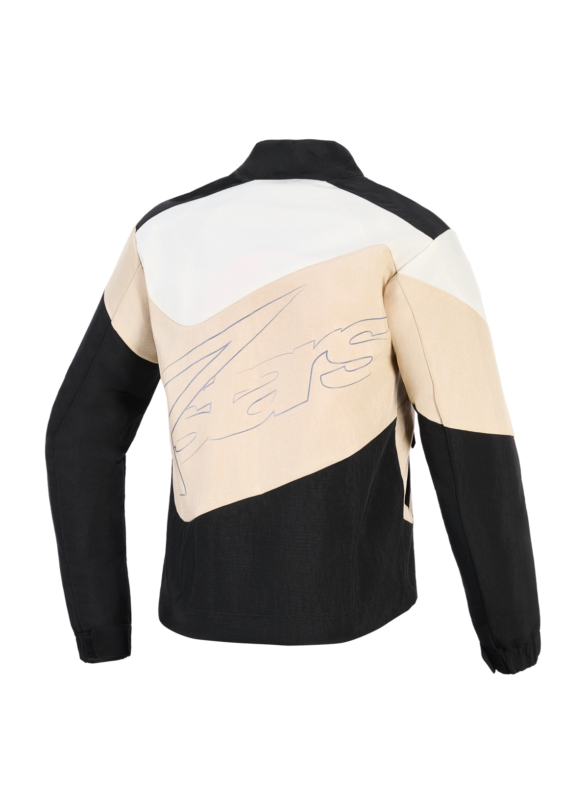 Alpinestars Stella Moshell Jacke, Urbane Motorradjacke für Damen, Black Sand und Off White, Rückansicht mit asymmetrischen Color-Block-Einsätzen und einem großen Logo in Schreibschrift über der Mitte.