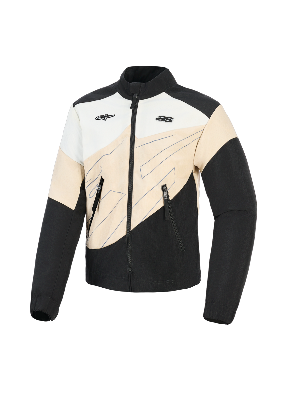 Alpinestars Stella Moshell Jacke, Urban-Motorradjacke für Damen, Schwarz, Sand und Off-White, asymmetrisches Colorblock-Design mit blauen Liniengrafiken, Reißverschluss vorne und zwei Logos auf der Brust, von Streetwear inspirierte Motorrad-Schutzkleidung