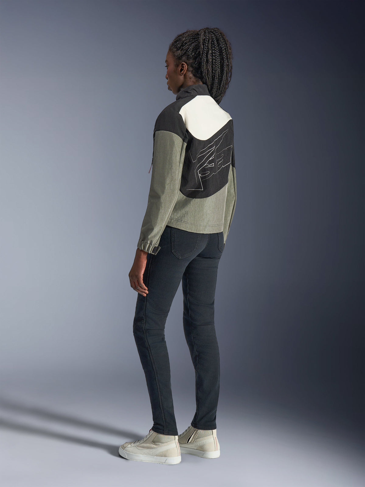 Alpinestars Stella Moshell Jacket, women's urban motorcycle textile in gray and black, rear view with back graphic.