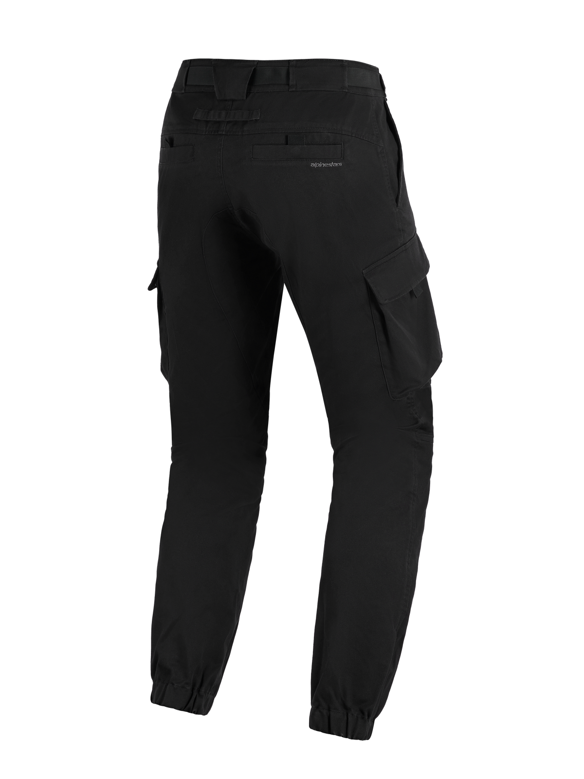 Alpinestars Flex-AST Cargo Pants - Short, Black, back view of urban motorcycle pants featuring a tapered fit, elasticated ankle hems, side cargo pockets, and subtle branding on the back pocket.