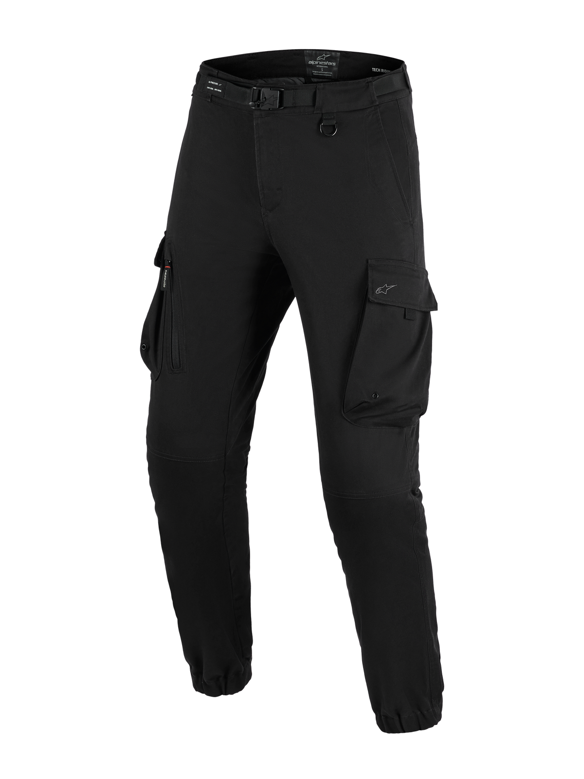 Alpinestars Flex-AST Cargo Pants - Short, Urban Motorcycle Pants, Black, regular tapered fit with elasticated hems, featuring integrated belt with buckle, D-ring, and large side cargo pockets.
