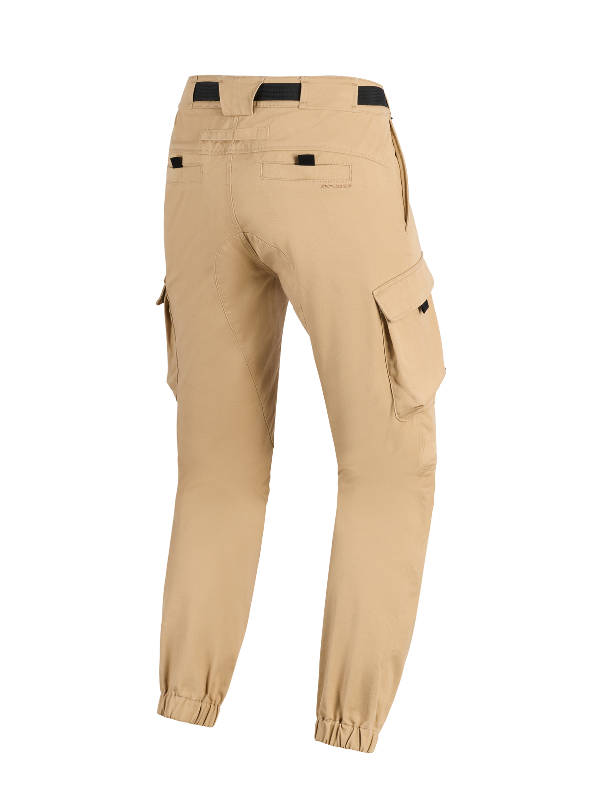 Alpinestars Flex-AST Cargo-Hose, Hellbeige, Motorradhose, Rückansicht mit konisch zulaufenden Beinen und elastischen Säumen, seitliche Cargotaschen und schwarzer Taillenriemen, urbanes militärisch inspiriertes Design