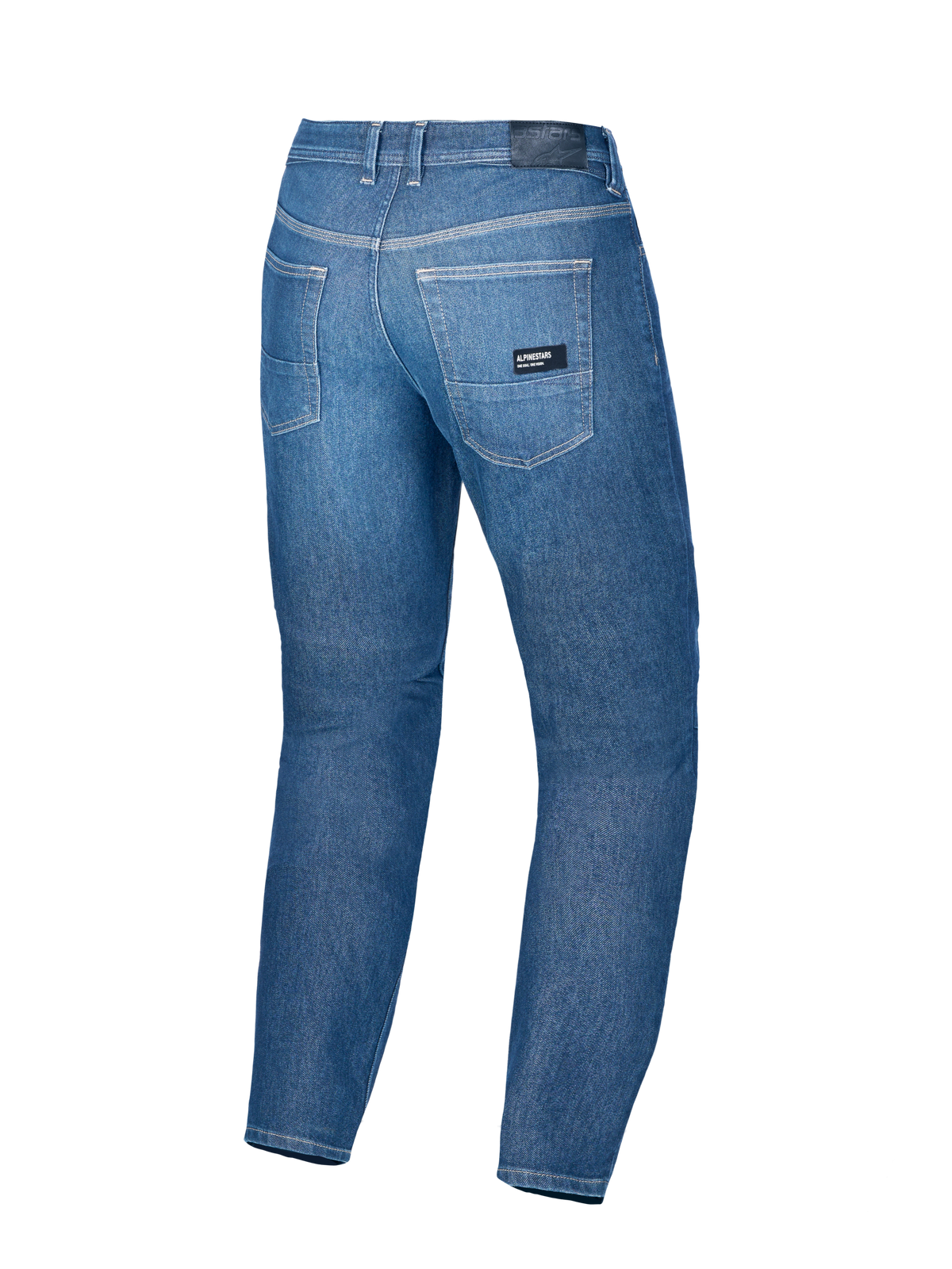 Alpinestars Flex-AST 7 Denim Pants, Men's Motorcycle Jeans, Light Blue, featuring rear pockets, leather back patch, and Alpinestars back-pocket label, rear view of AA-rated technical riding denim
