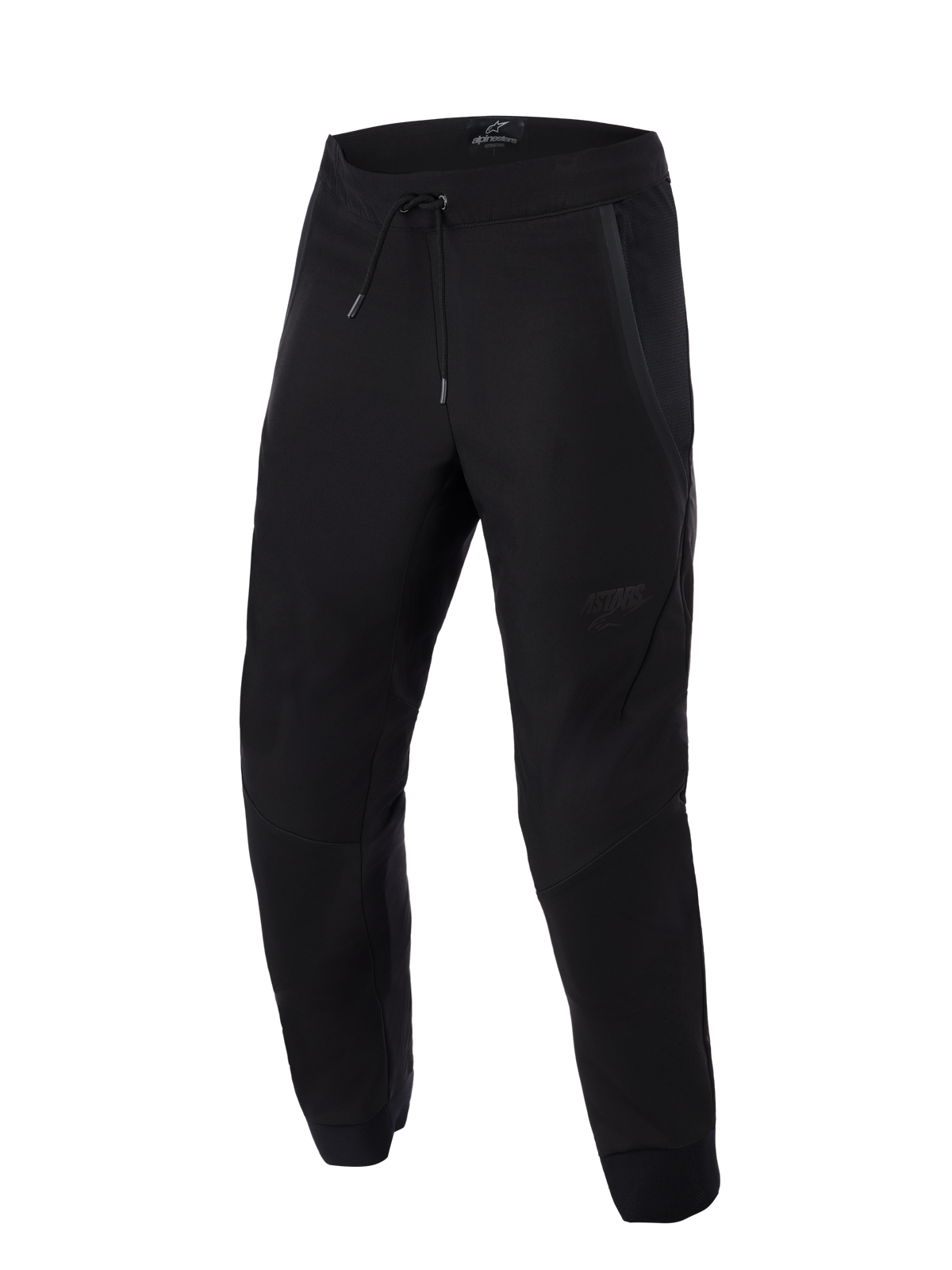 Alpinestars Aeroshell Airflow Hose, Schwarz, leichte Sport- und Touren-Motorradhose, mit großflächigen Mesh-Einsätzen zur Belüftung, elastischem Kordelzug am Bund, vorgeformten Beinen und dezentem Logo am Oberschenkel.