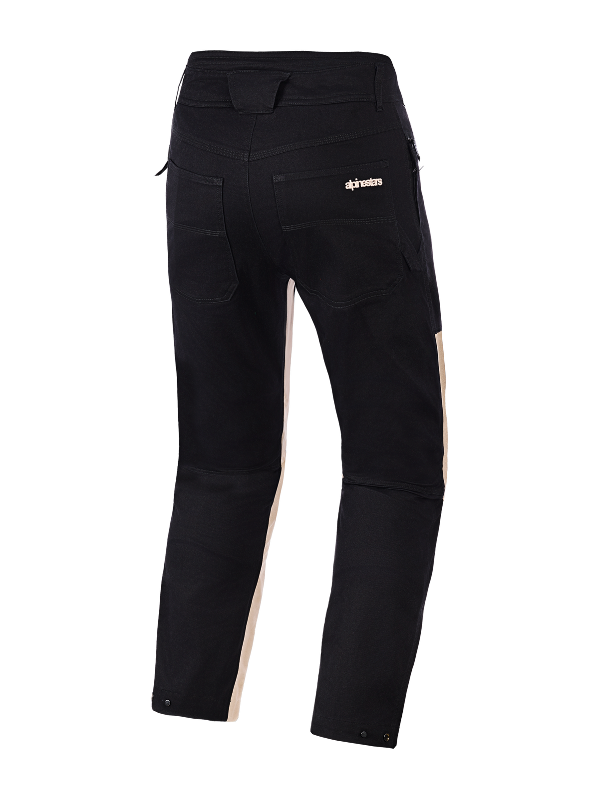 Alpinestars Flex-AST Canvas Pants, Back View, Black Aluminum, featuring black polycotton twill with light tan accents on the inner legs, dual rear pockets with Alpinestars branding, and snap adjusters at the leg openings, urban motorcycle trousers with a workwear-inspired design.
