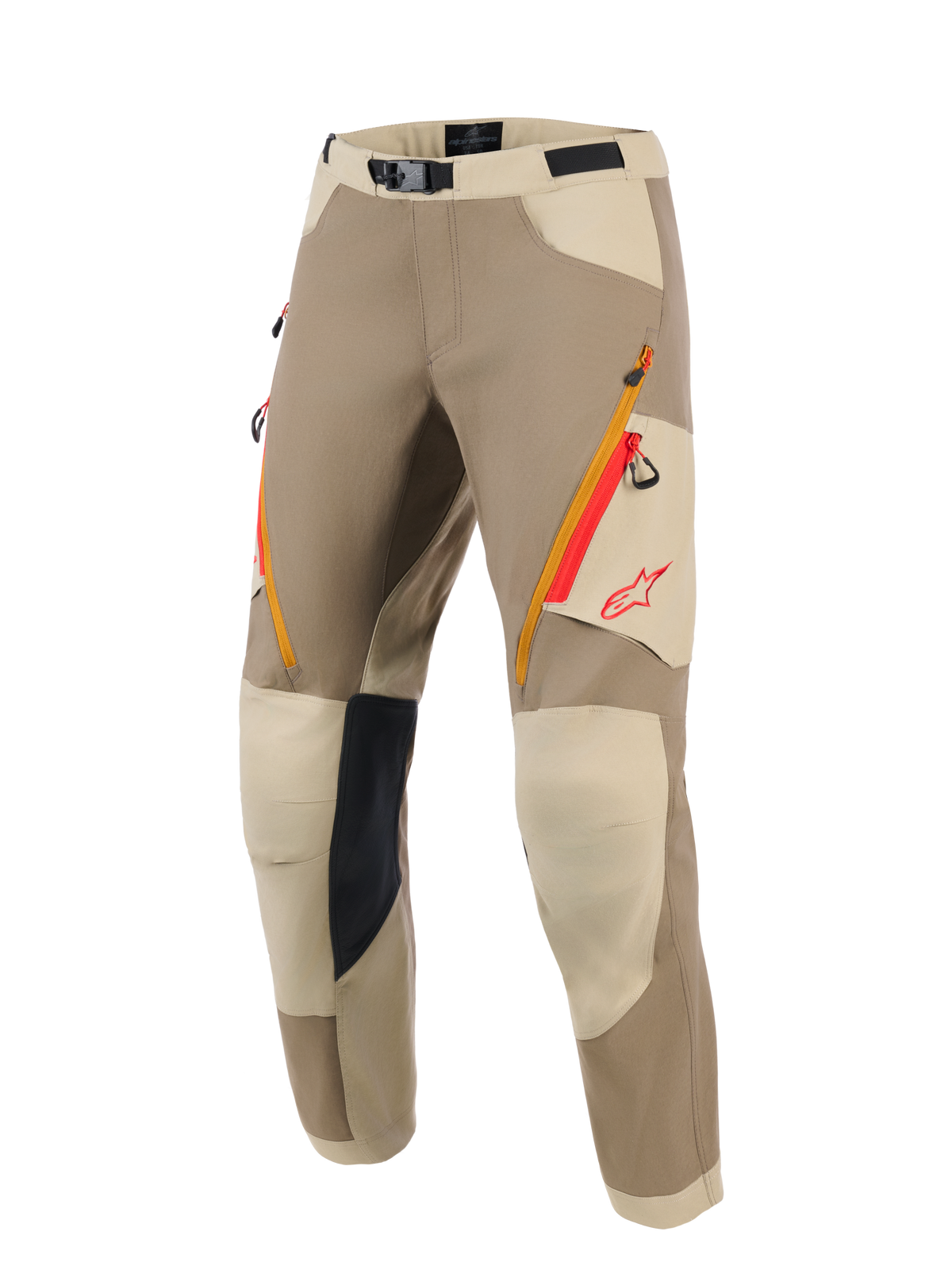 Alpinestars Maxdura Dual Pants, Adventure Motorcycle Pants, Walnut and Aluminum tan colorway, featuring orange and red zippered thigh pockets, light beige reinforced knee panels with black inner grip, and red Alpinestars logo, designed for dual-sport riding