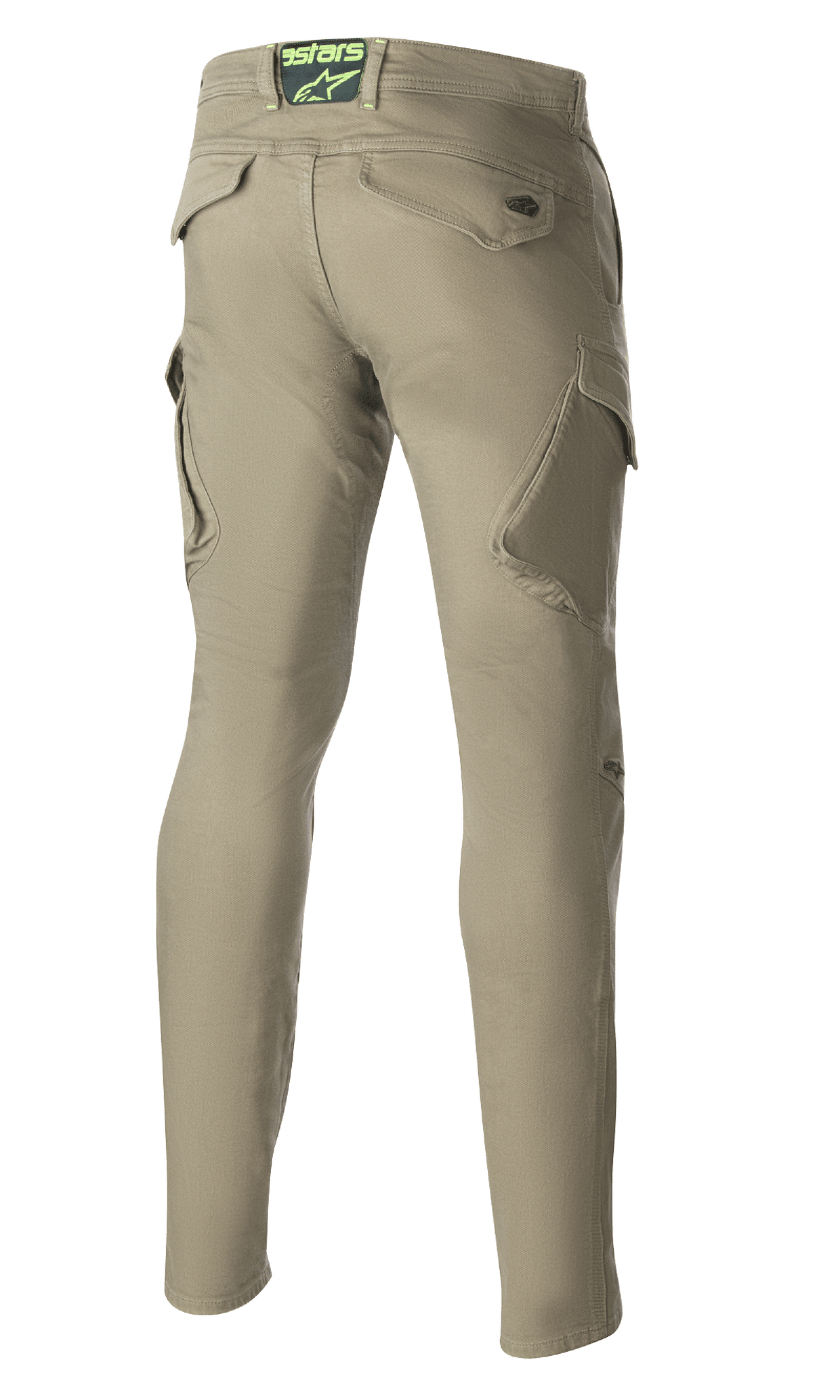 Alpinestars Caliber Slim Fit Tech Riding Pants, Military Green, Rückansicht mit schrägen Cargotaschen und schmal zulaufender Silhouette, Astars-Logo am hinteren Hosenbund, strapazierfähige Motorradhose im urbanen Combat-Style