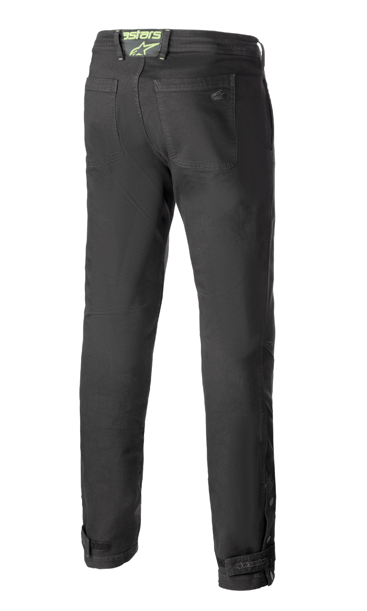 Alpinestars Stratos Regular Fit Tech Riding Pants, Motorcycle Riding Pants, Anthracite Gray, back view featuring tapered fit, back pockets, neon green Alpinestars logo on waistband, and adjustable calf closures