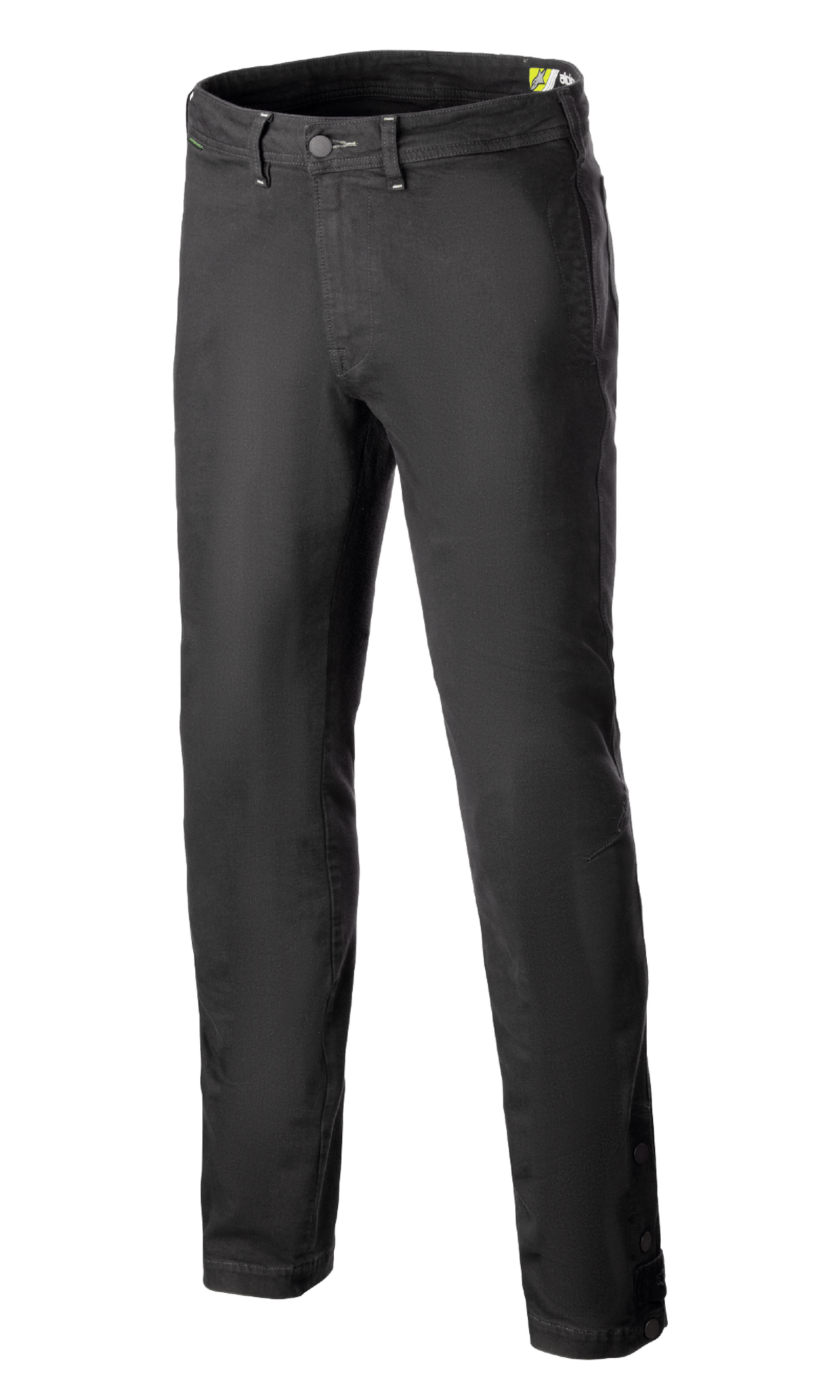 Alpinestars Stratos Regular Fit Tech Riding Pants, Motorcycle Riding Pants, Anthracite Gray, casual jogger-style design with a tapered leg, button waist closure, adjustable snap buttons at the ankles, constructed from Cordura denim for urban street style.