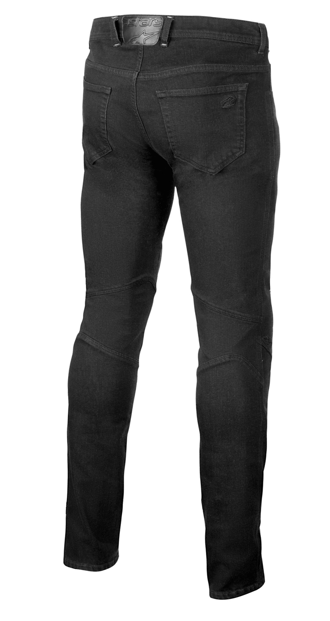 Alpinestars Radium V2 Denim Hose, Motorrad-Jeans, Black Rinse, Rückansicht mit Five-Pocket-Styling, tonalem Branding auf der Gesäßtasche und dem Patch am Bund sowie konstruierten Nähten an den Kniekehlen für eine konische Passform.