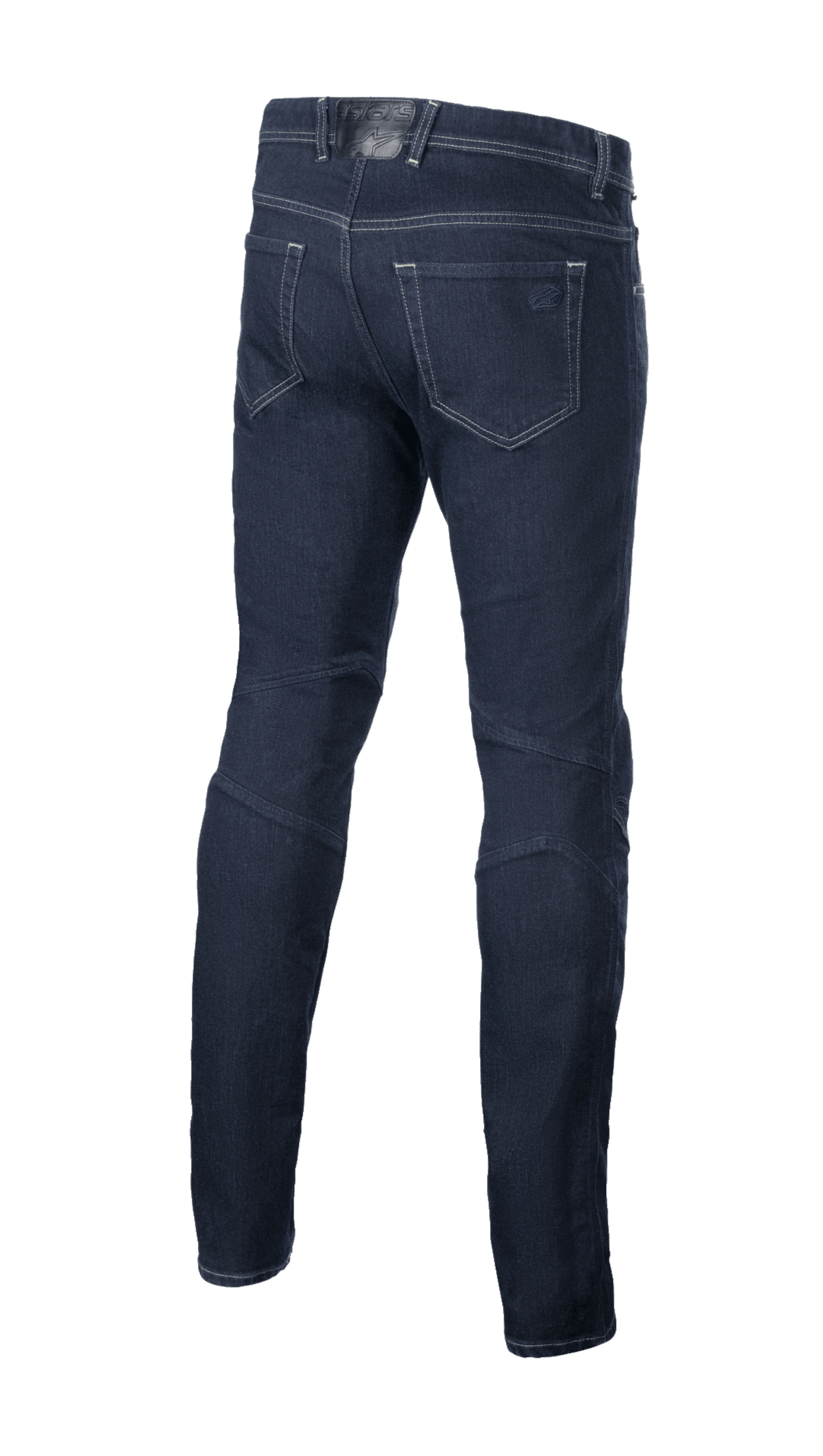 Alpinestars Radium V2 Denim-Hose, Urban Motorrad-Jeans, Rinse Blue, Rückansicht mit Five-Pocket-Design, konisch zulaufendem Bein und dunklem Denim-Material mit Kontrastnähten