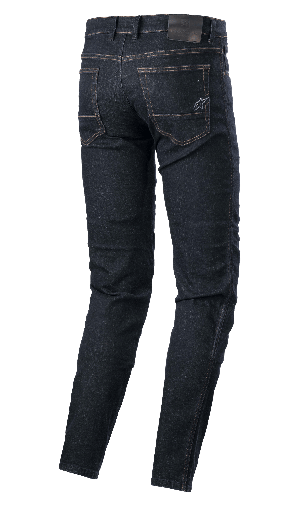 Alpinestars Sektor Regular Fit Denim, Technical Riding Pants, Rinse Blue, rear view featuring back pockets with embroidered star logo, leather waistband patch, and triple-stitched seams, urban motorcycle apparel