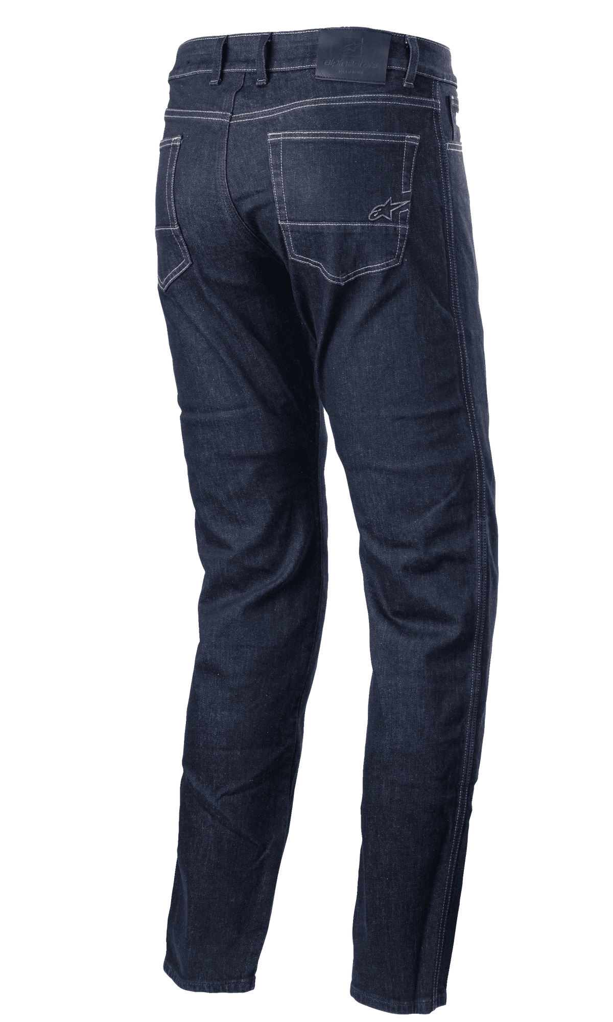 Alpinestars Sektor Regular Fit Denim-Hose, urbane Motorradhose, dunkelblaues Denim, Rückansicht mit Gesäßtaschen und hellen Kontrastnähten, kleines gesticktes Logo, Regular-Fit-Schnitt mit schmal zulaufendem Bein