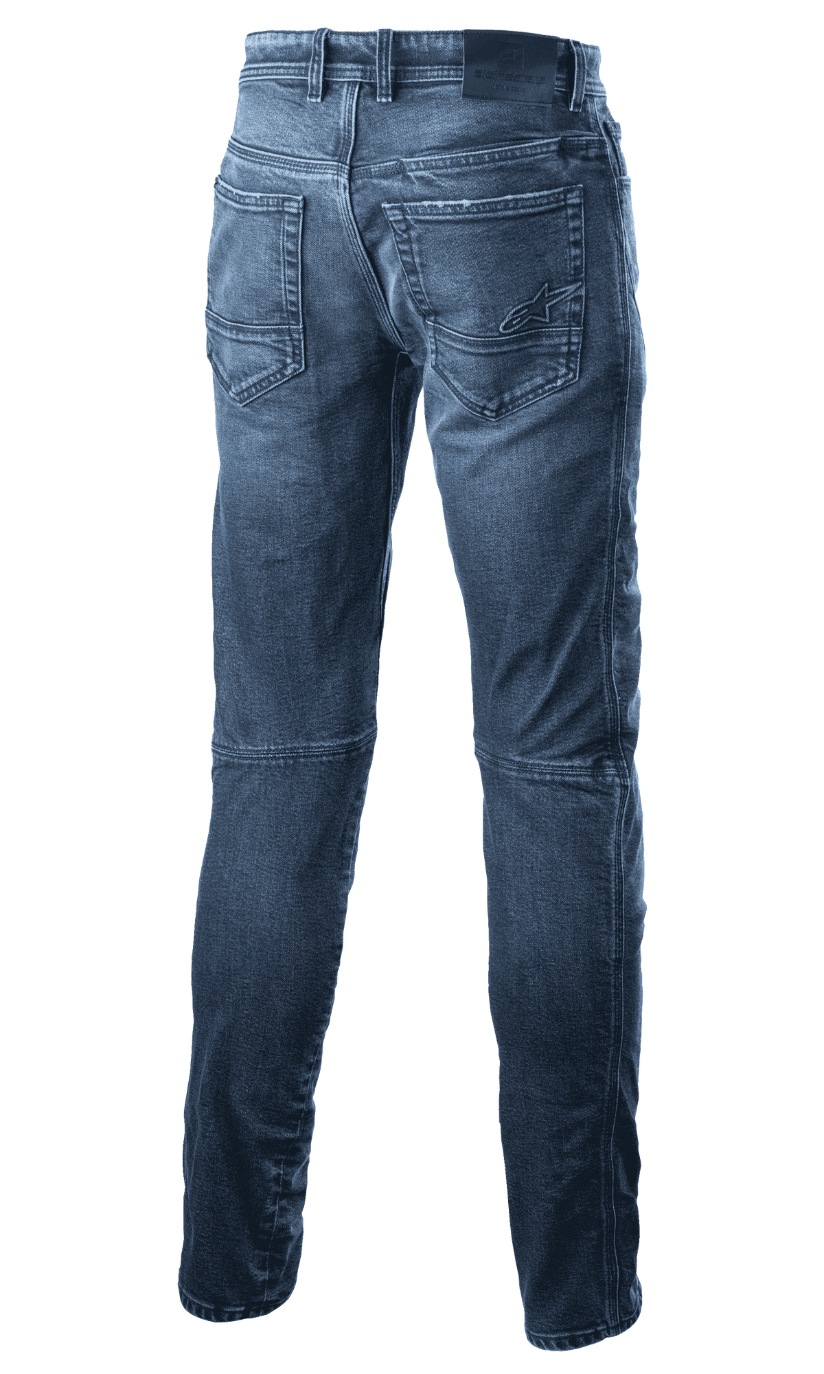 Alpinestars Argon Slim Fit Denim Hose, Motorradjeans, Mittelblau, Rückansicht mit Gesäßtaschen und besticktem Stern-Logo, Slim-Fit-Silhouette, technische Denim-Konstruktion für urbanes Fahren