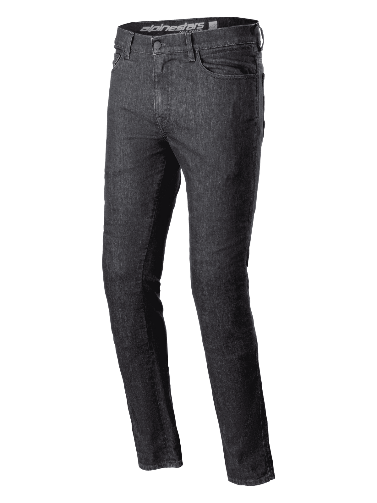 Alpinestars Cerium Denim Tech Riding Pants, Motorrad-Jeans, Black Washed, Slim Fit, klassisches Fünf-Taschen-Design, strapazierfähige Denim-Konstruktion, Gürtelschlaufen, Knopf- und Reißverschluss, moderne urbane Motorradausrüstung