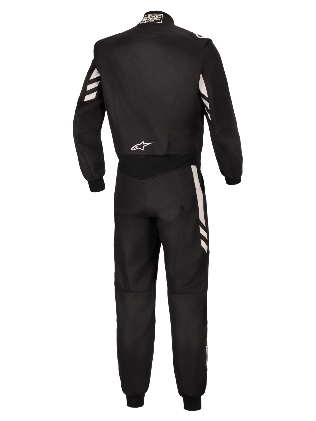 Alpinestars GP Race V3 Anzug FIA, Rückansicht eines schwarzen einteiligen Autorennanzugs mit silbernen Akzenten an den Ärmeln und Beinen, weißes Alpinestars-Logo auf dem unteren Rücken, FIA-zertifizierte professionelle Motorsportausrüstung.