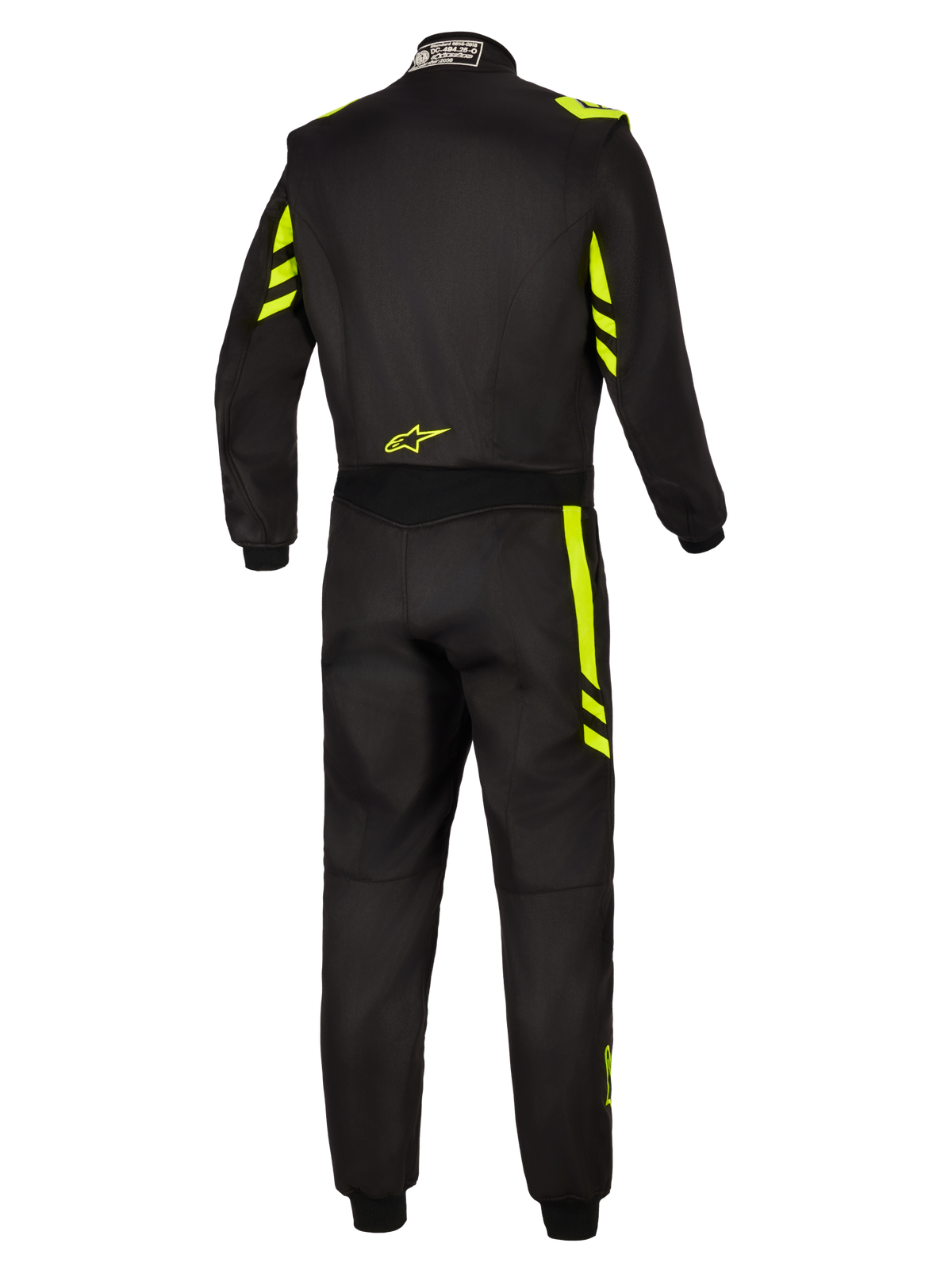 Alpinestars GP Race V3 Suit FIA, Auto Racing Suit, Black and Yellow Fluo, back view showing fluorescent yellow accents on the shoulders and legs, small yellow logo on the lower back, and FIA certification tag on the collar.
