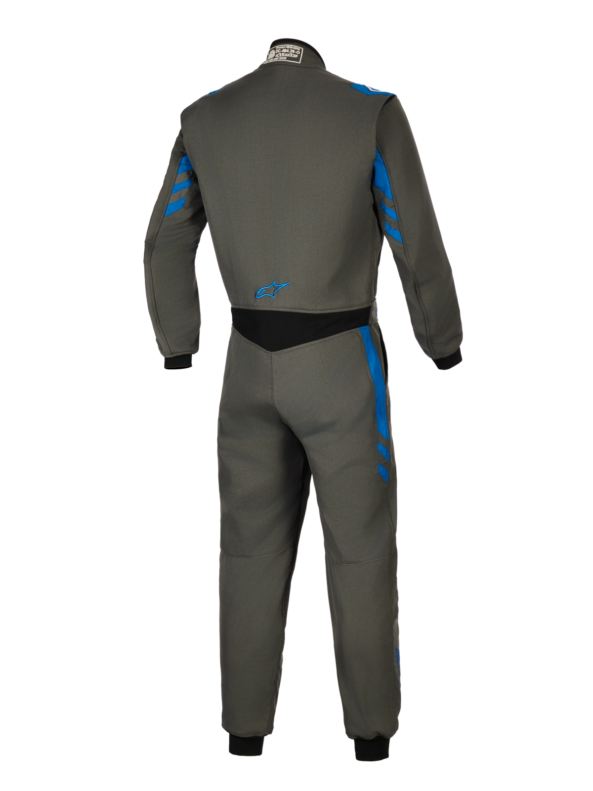 Alpinestars GP Race V3 Suit FIA, Auto Racing Suit, Anthracite Blue, back view showing grey textile construction with blue stripe accents, black stretch panel on the lower back, and small blue logo, professional motorsport safety gear