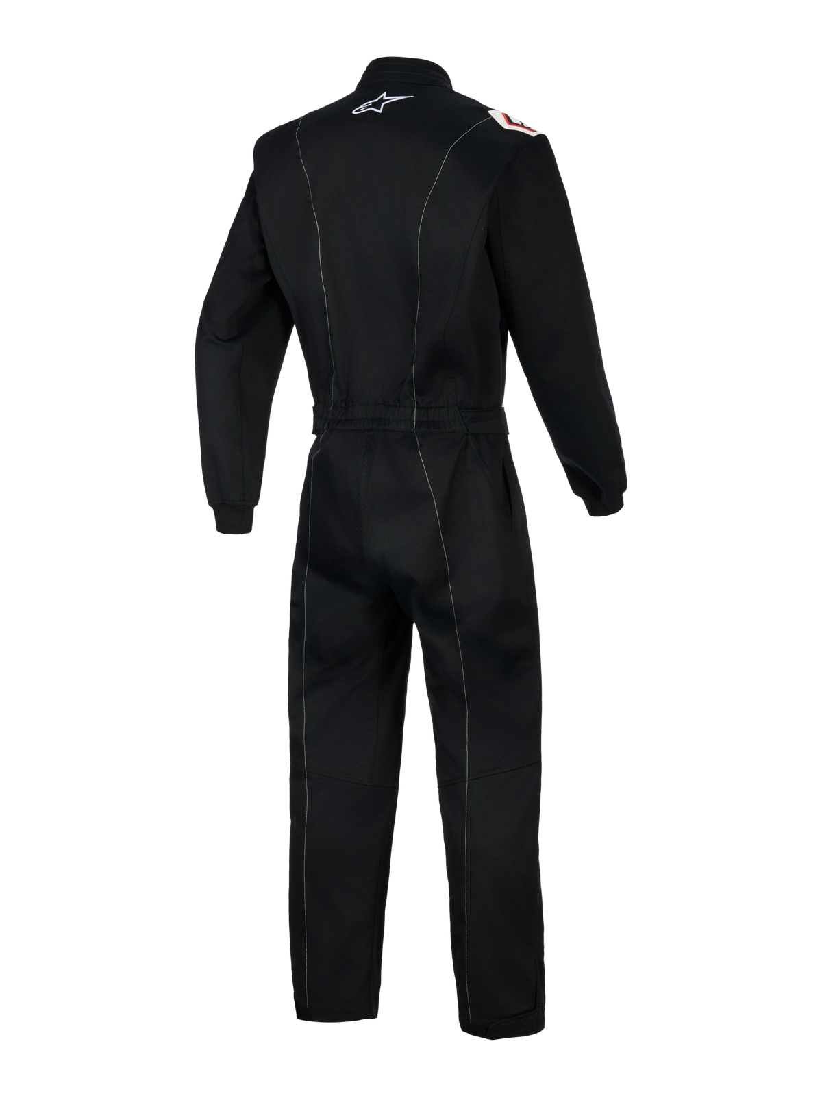 Alpinestars Kart Indoor V2 Anzug, einteiliger Kart-Kombi, Schwarz, Rückansicht mit weißen Kontrastnähten, elastischem Taillengürtel und weißem Alpinestars-Logo am Kragen, ergonomisches Design für Indoor-Kart-Sessions