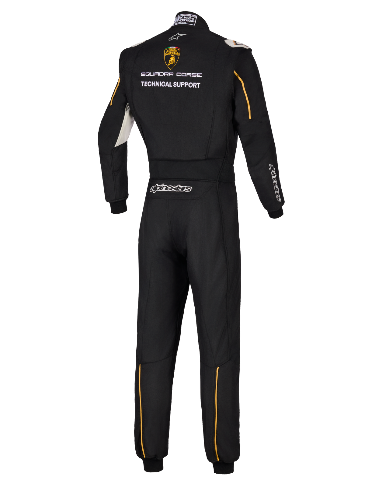 Alpinestars Limited Edition Lamborghini GP Tech V4 Anzug FIA, Rückansicht eines professionellen schwarzen Autorennanzugs, mit Lamborghini Squadra Corse Logo und „Technical Support“-Schriftzug, goldene Akzente und silbernes Alpinestars-Branding.