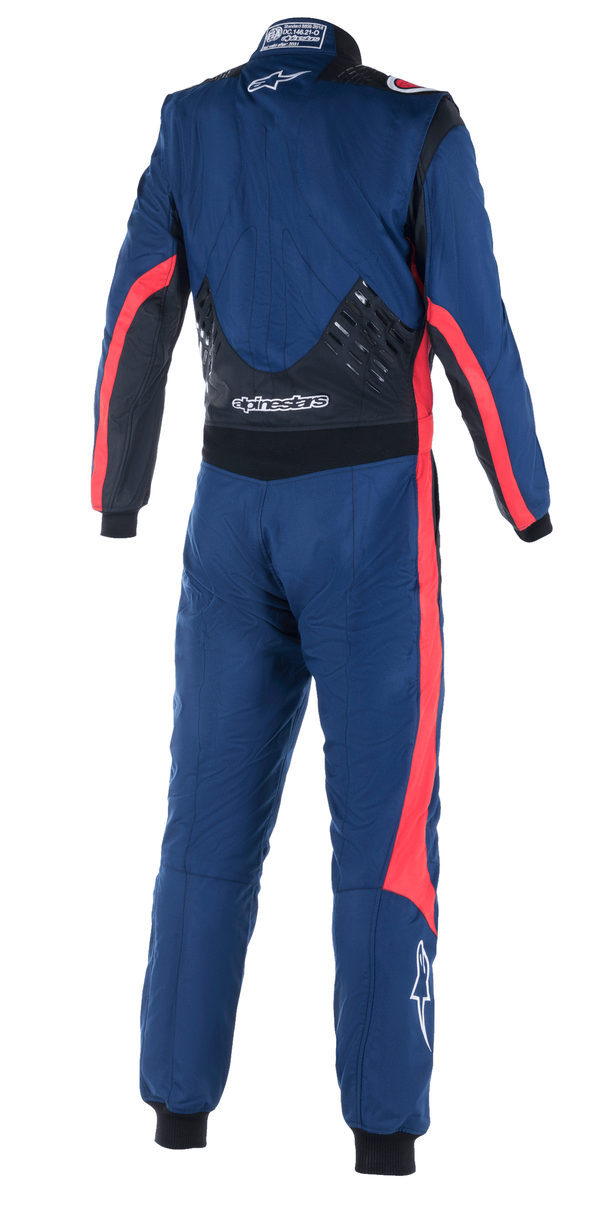 Alpinestars GP Pro Comp V2 FIA Suit, Rear view of one-piece auto racing suit, Navy Blue with Black and Red accents, featuring silicon grip panels on the lower back, red racing stripes on sleeves and legs, and white Alpinestars branding, professional performance gear