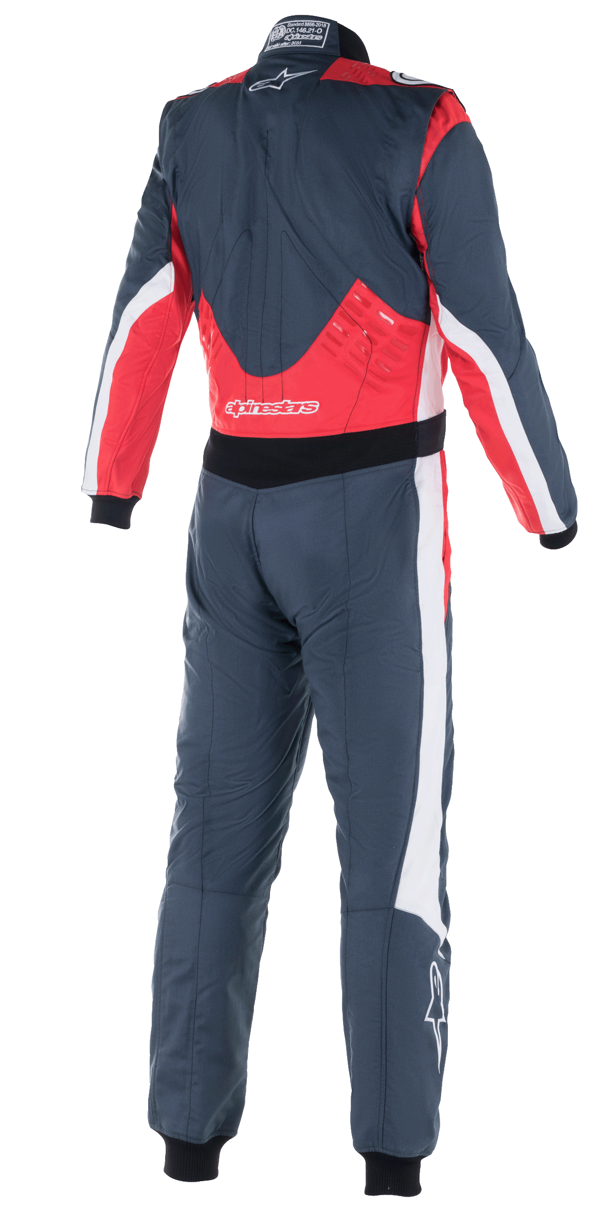 Alpinestars GP Pro Comp V2 FIA Anzug, Auto-Rennanzug, Asphalt-Rot und Weiß, Rückansicht mit roten Einsätzen am unteren Rücken und an den Schultern, weißen Akzenten an den Seiten und Alpinestars-Logo-Branding