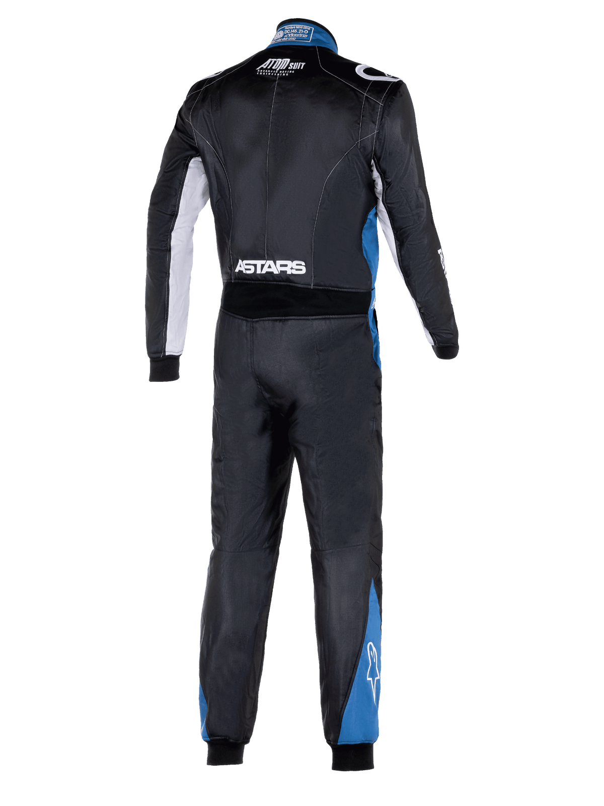 Alpinestars Atom Graphic 4 Anzug, Ganzkörper-Rückansicht eines Autorennanzugs, Schwarz mit silbernen und blauen Akzenten, weißes ASTARS-Branding an der Taille und blaue Einsätze an den Beinen, professionelle FIA-zertifizierte Motorsport-Schutzkleidung