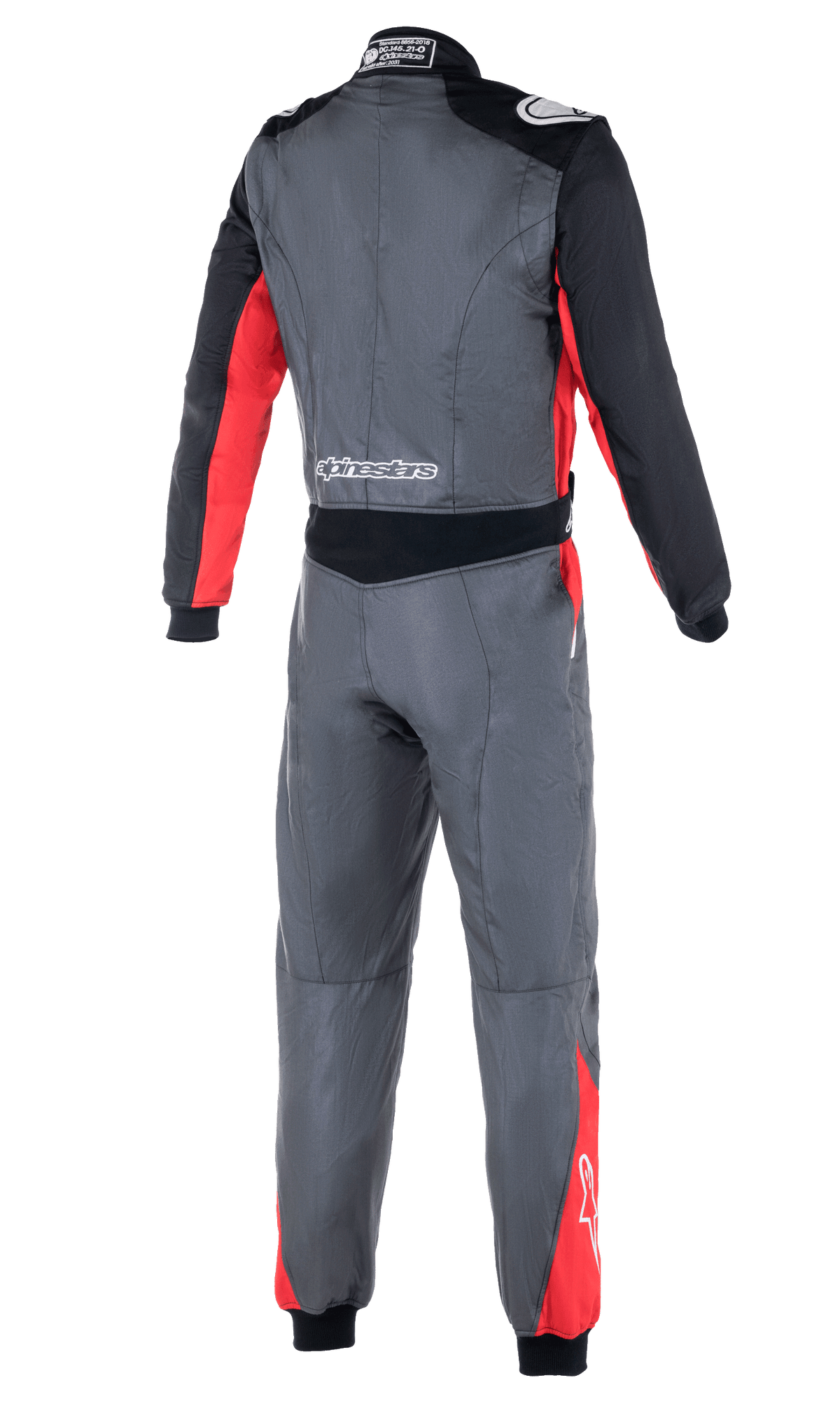 Alpinestars Atom FIA Rennanzug, Auto-Rennanzug, Anthrazit, Rot und Schwarz, Rückansicht mit Stretch-Einsätzen an der Taille, Schulterklappen und Alpinestars-Branding am unteren Rücken und an den Schultern.