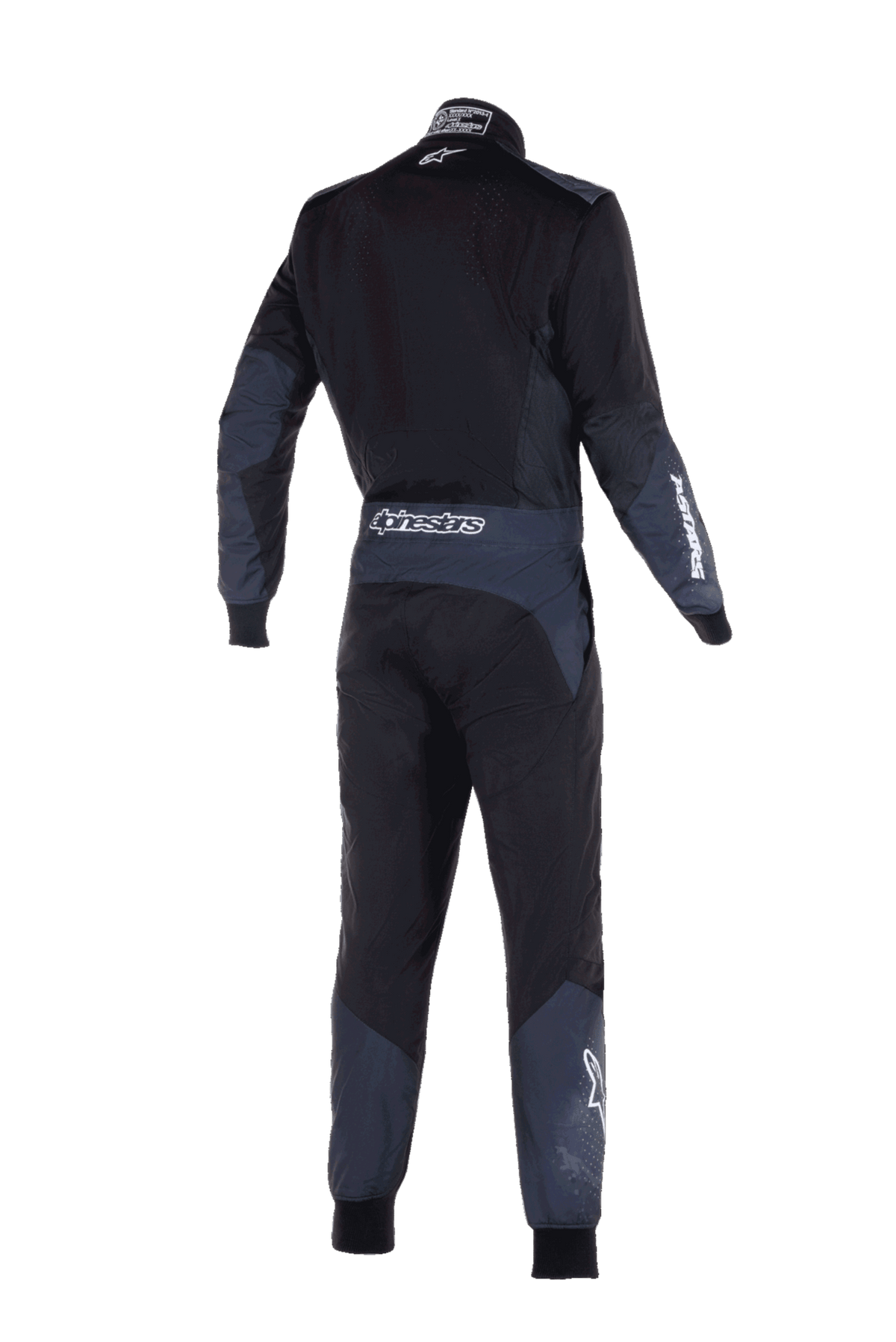 Alpinestars KMX-5 V3 Anzug, Kart-Rennanzug, Schwarz und Dark Shadow, Rückansicht mit weißem Alpinestars-Branding an der Taille und am Ärmel, dunkelgraue technische Einsätze an Armen und Beinen, elegantes Performance-Design.