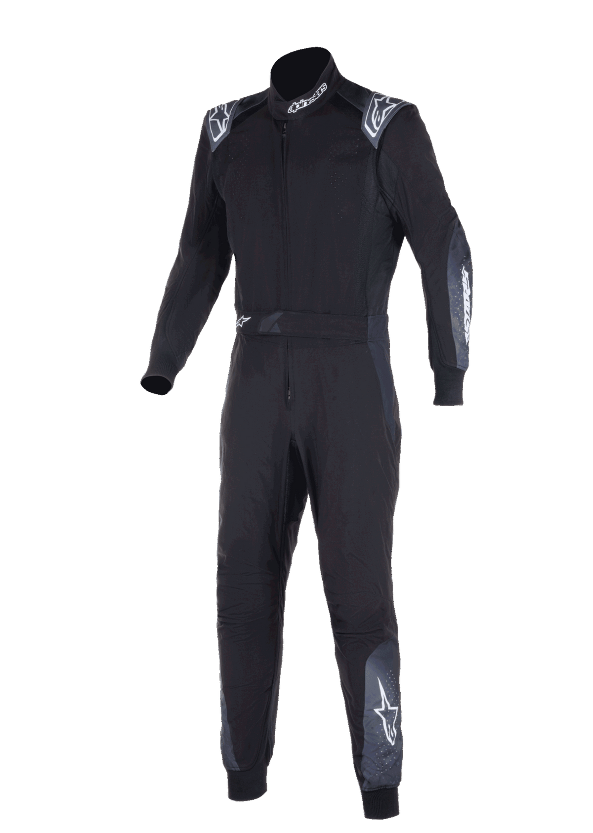 Alpinestars KMX-5 V3 Anzug, Kart-Anzug, Schwarz und Dark Shadow, einteiliger Rennanzug mit weißem Alpinestars-Branding an Schultern, Nacken und Beinen, technische zweilagige Konstruktion für professionelles Karting.