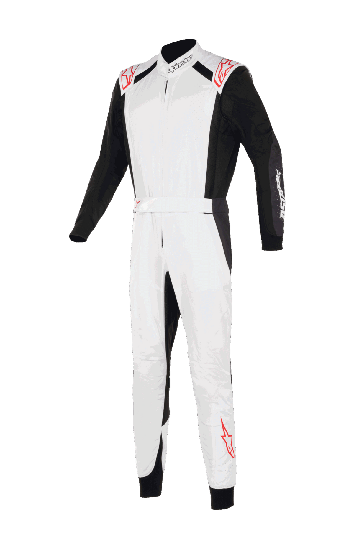 Alpinestars KMX-5 V3 Anzug, Karting-Anzug, Weiß, Schwarz und Hellrot, Vorderansicht, mit weißem Brustbereich und Beinen sowie schwarzen Ärmeln und Seiteneinsätzen, rote Stern-Logos auf den Schultern und am Unterschenkel, professionelles Renndesign für den Kartsport.