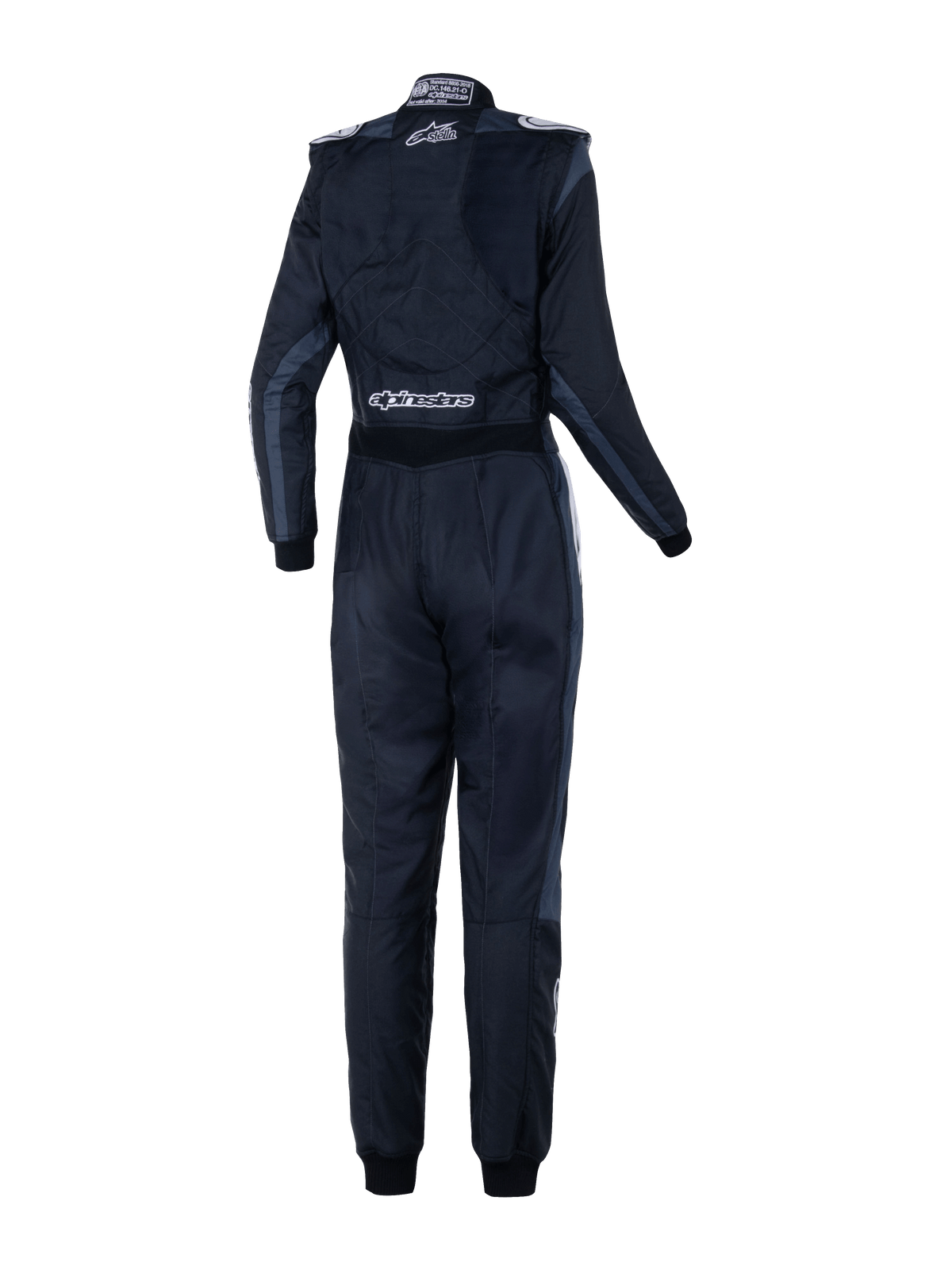 Alpinestars Stella GP Pro Comp V2 Damen-Rennanzug - FIA, Rückansicht, Black Asphalt und Weiß, mit weißen Stella- und Alpinestars-Logos, professioneller Auto-Rennanzug mit Schulterklappen und anatomischer Panel-Konstruktion für Damen.