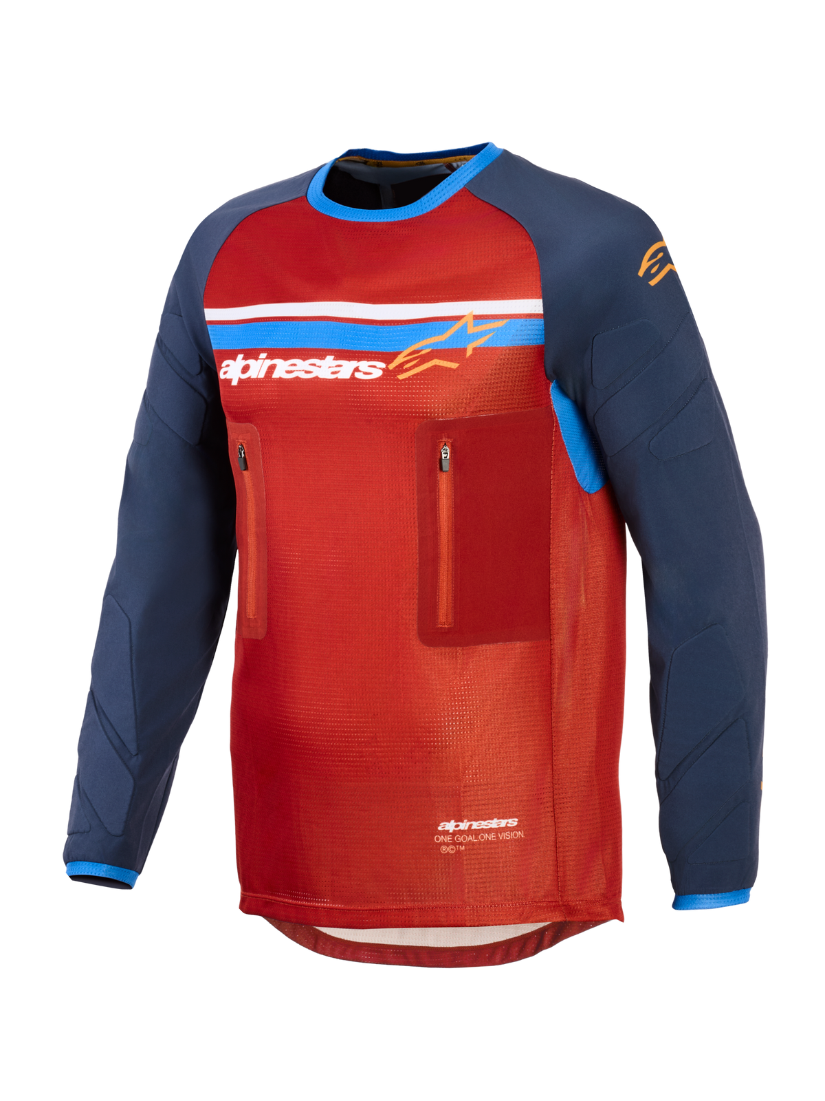 Alpinestars Maxdura Dual Jersey, Rot und Dunkelblau, technisches Adventure-Motorradtrikot mit Mesh-Torso, zwei Brusttaschen mit Reißverschluss, Alpinestars-Logo mit blau-weißen Streifen und langen abriebfesten Ärmeln.