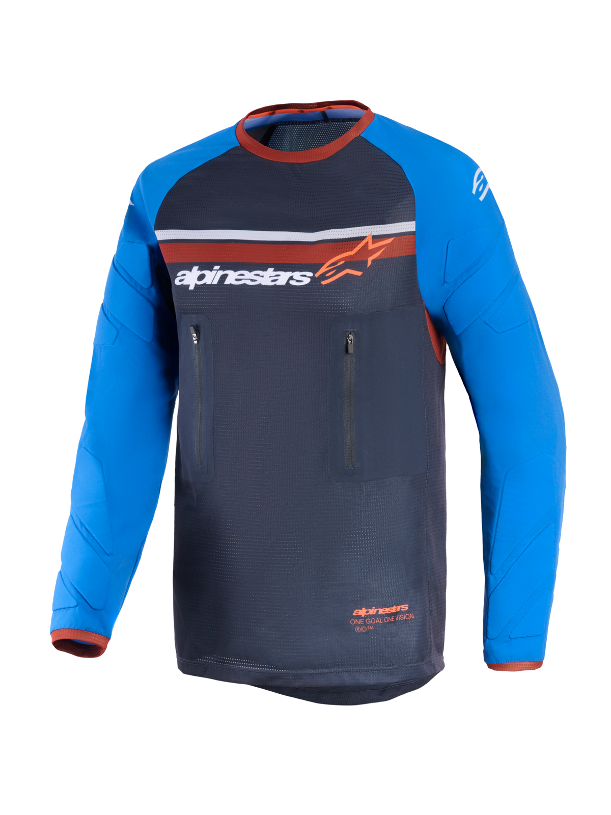 Alpinestars Maxdura Dual Jersey, Deep Gray and Royal Blue, dual-sport motorcycle jersey featuring a full mesh torso, abrasion-resistant long sleeves with reinforcement patterns, orange accents, and dual vertical zippered chest pockets