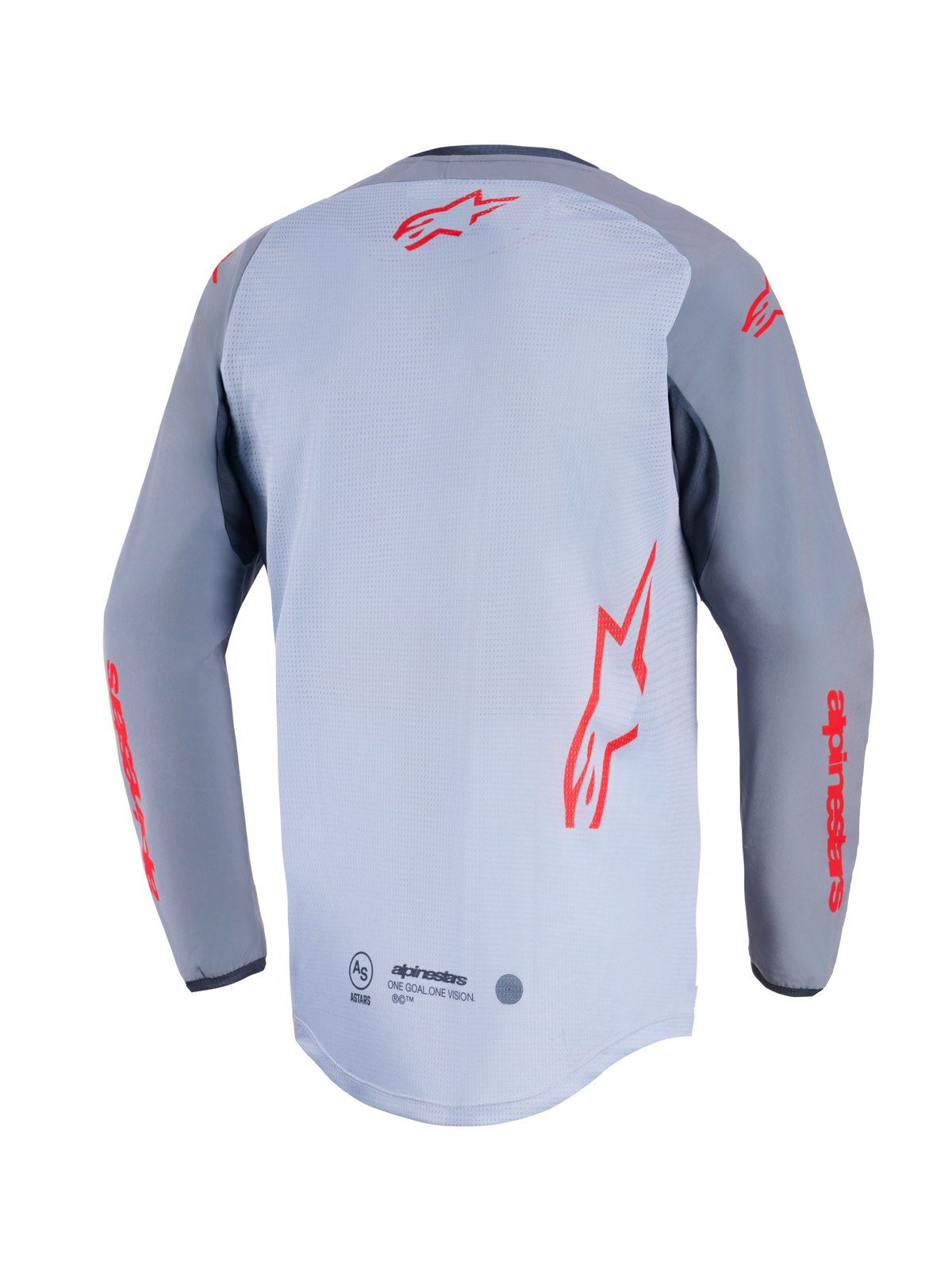 Alpinestars Maxdura Dual Jersey, Rückansicht, Mittelgrau und Dunkelgrau, mit roten Alpinestars-Logos auf dem Rücken und den Ärmeln, Mesh-Konstruktion am Torso und verlängertem Rückensaum